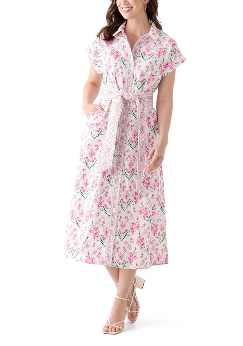 Womens Printed Belted Midi Dress