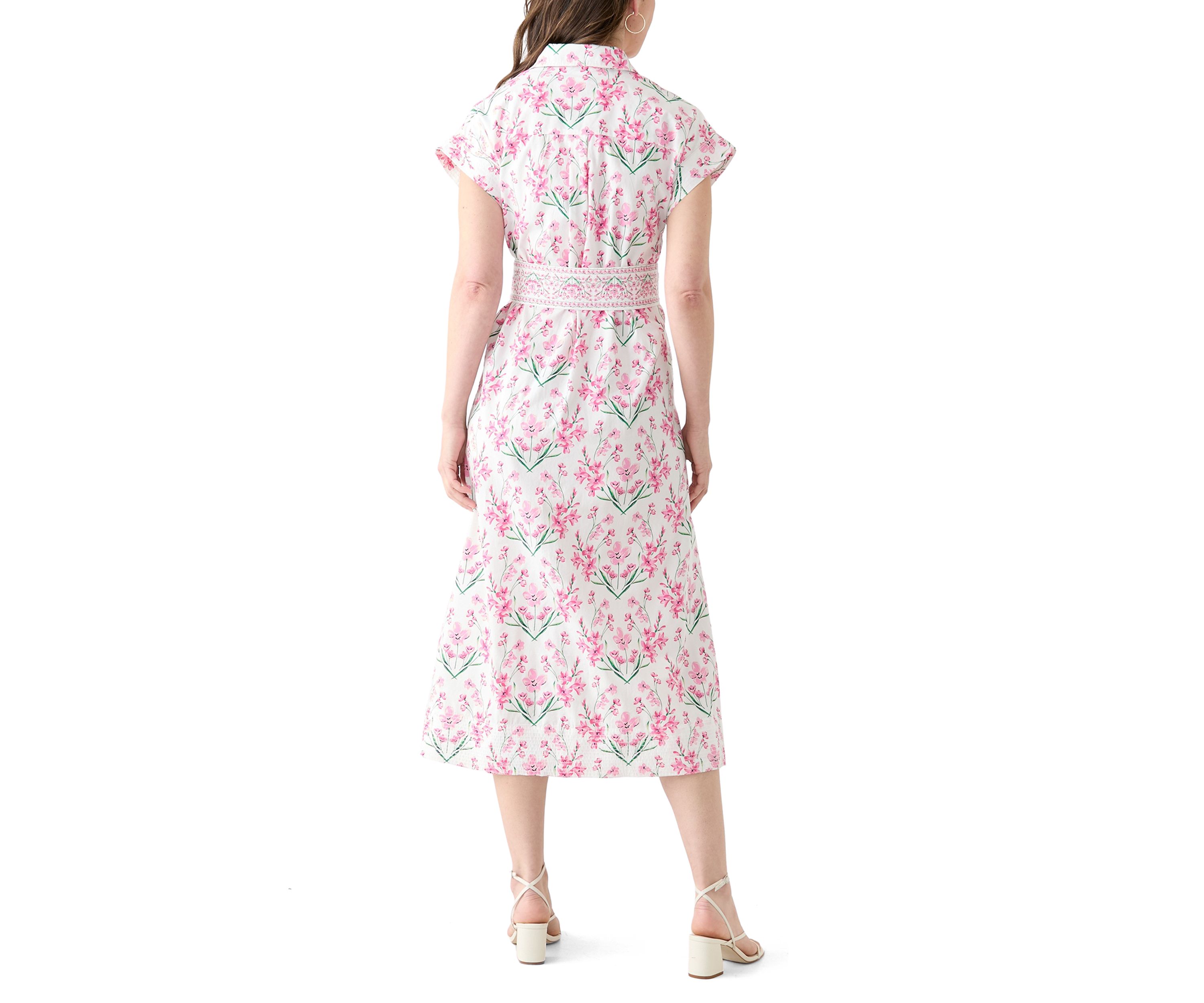 Womens Printed Belted Midi Dress