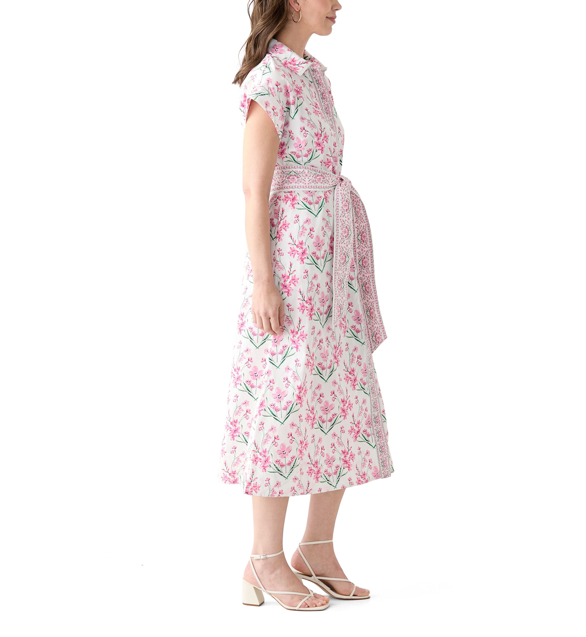 Womens Printed Belted Midi Dress