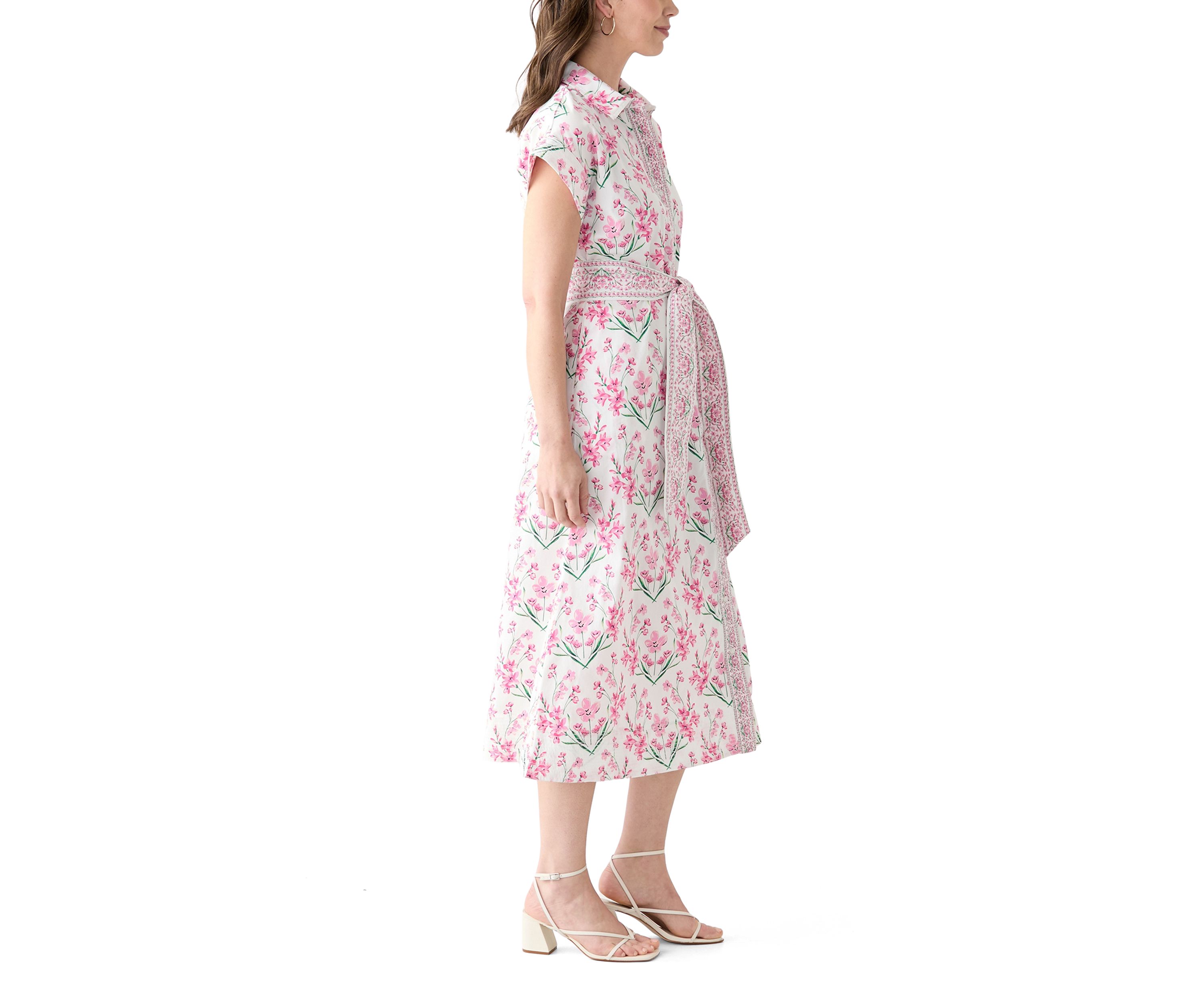 Womens Printed Belted Midi Dress