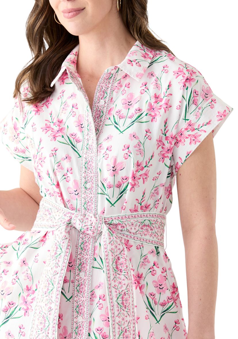 Womens Printed Belted Midi Dress