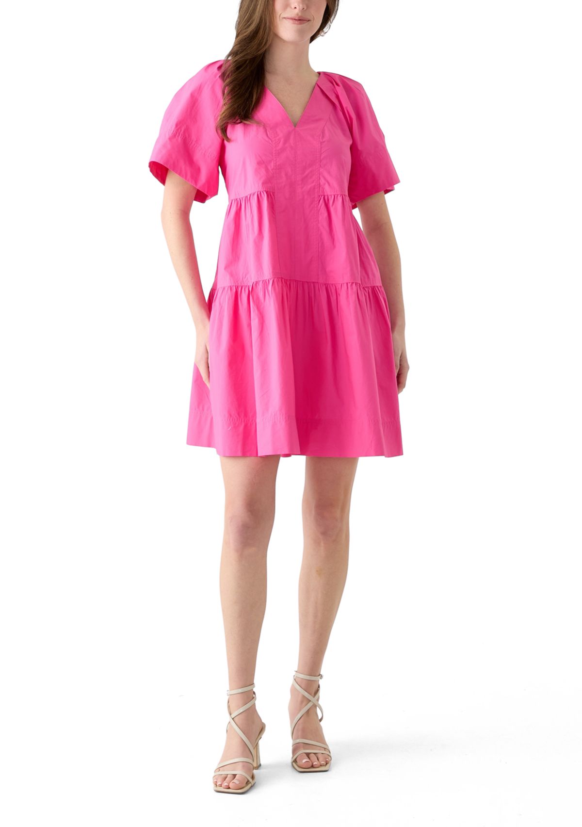 Womens Short Sleeve Pleat Shoulder Solid Dress