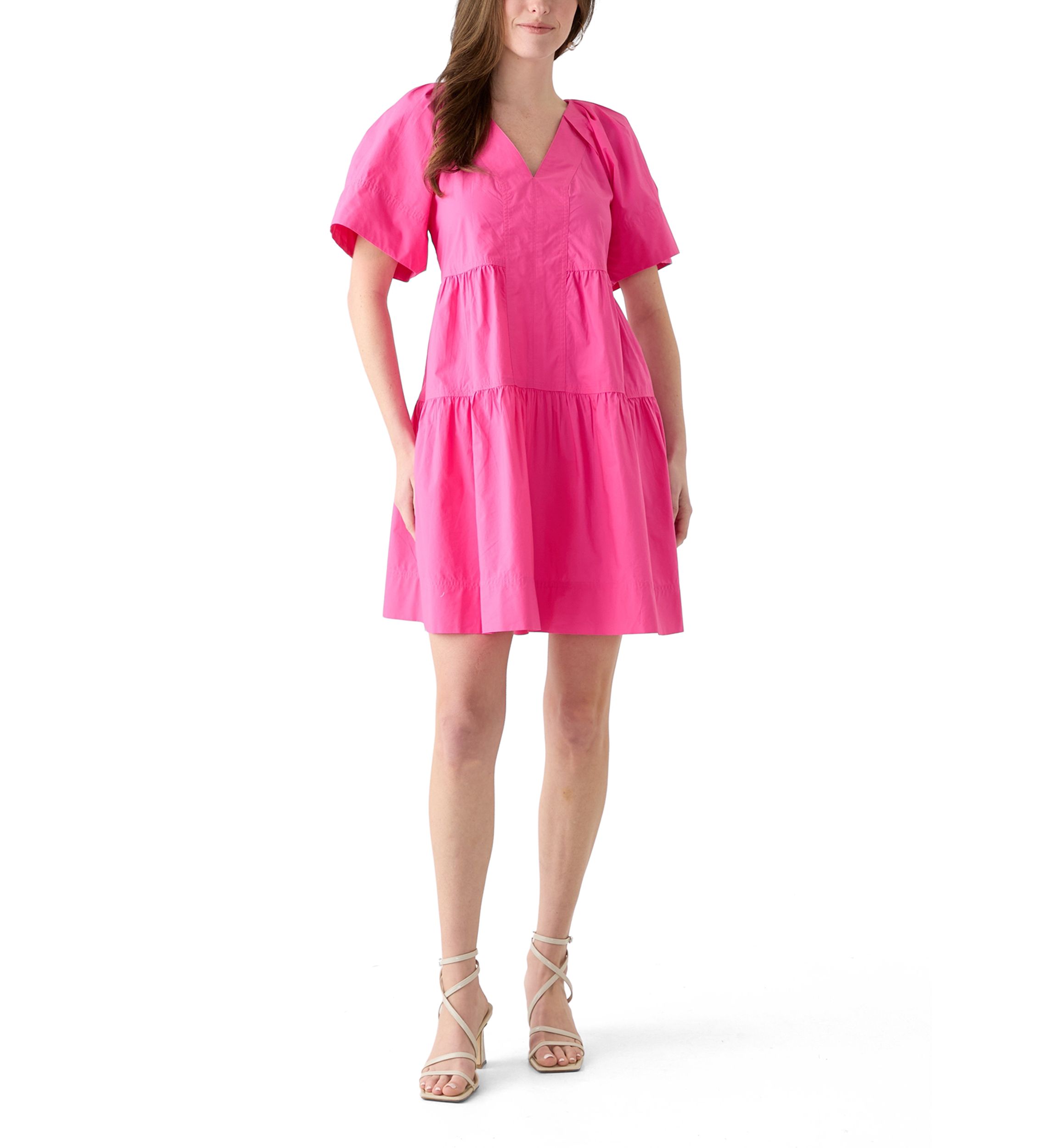 Womens Short Sleeve Pleat Shoulder Solid Dress