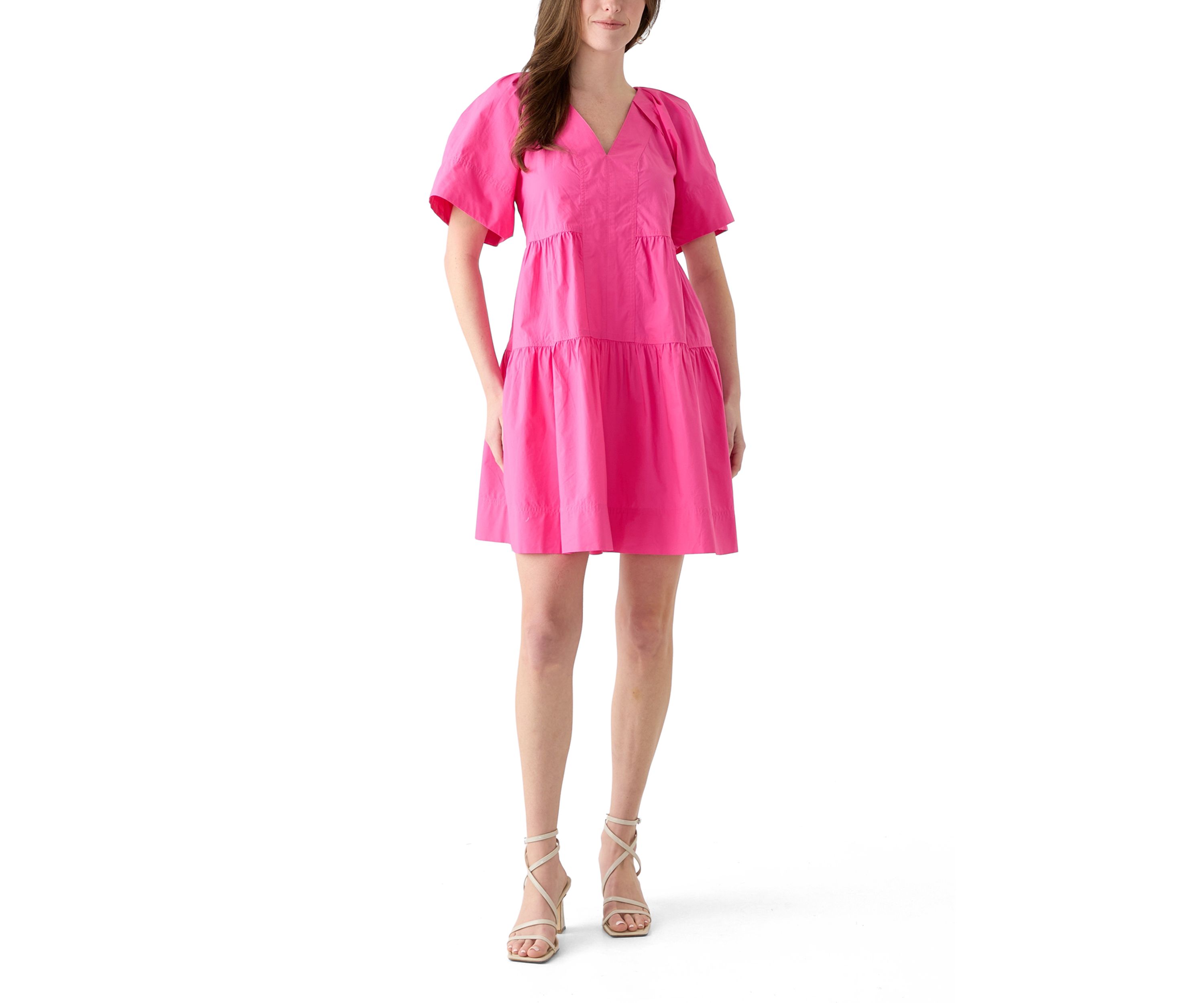 Womens Short Sleeve Pleat Shoulder Solid Dress