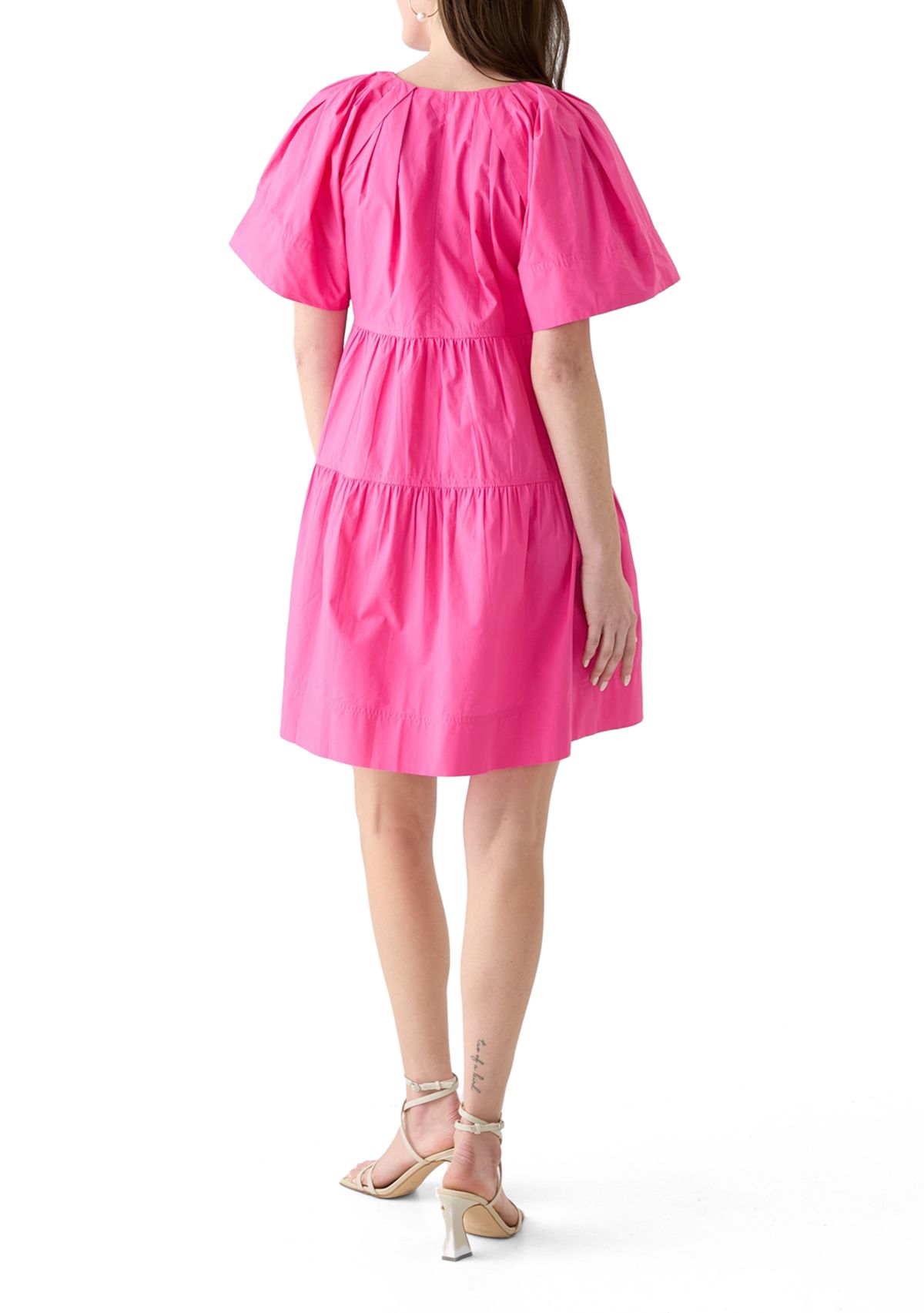 Womens Short Sleeve Pleat Shoulder Solid Dress