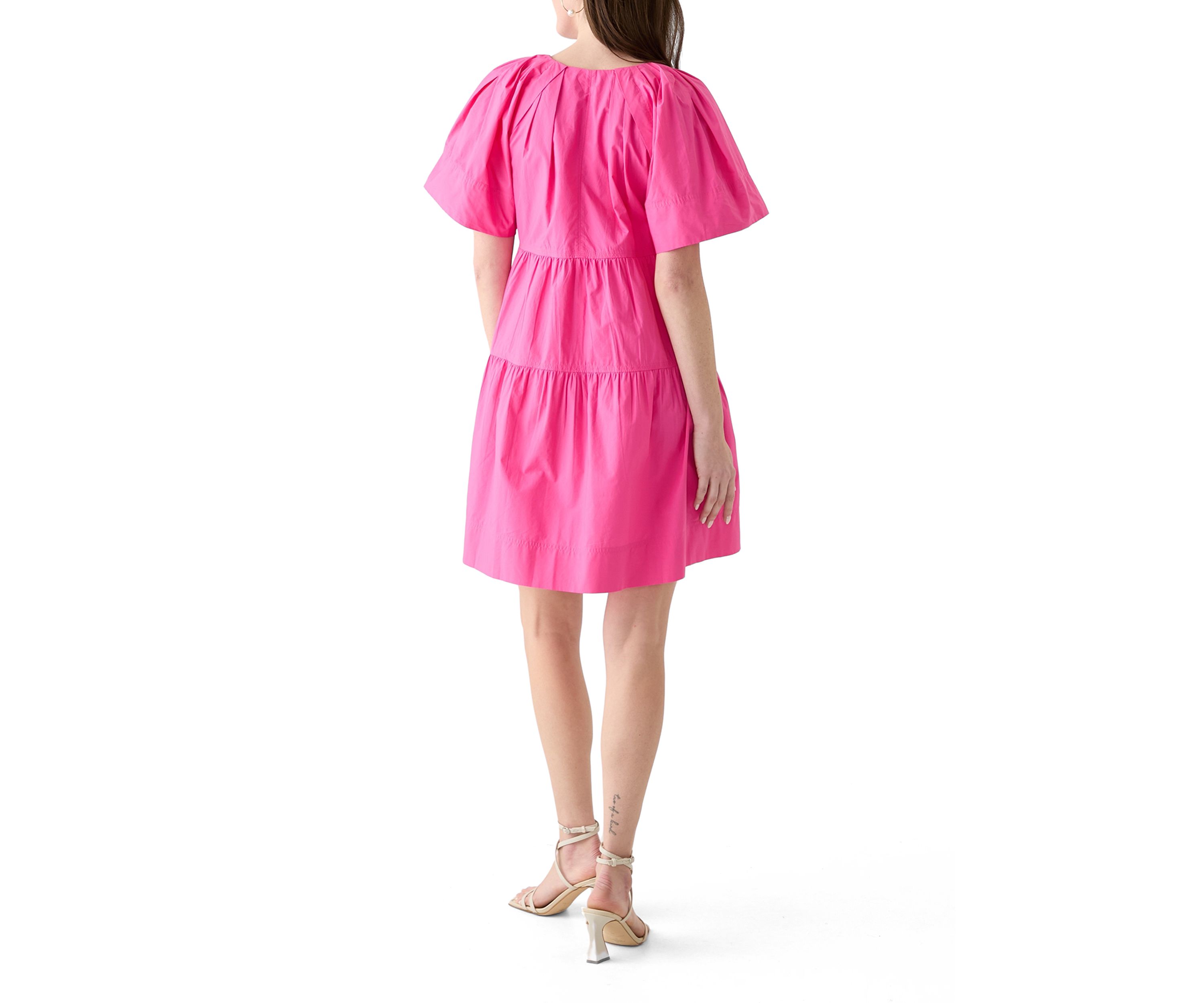 Womens Short Sleeve Pleat Shoulder Solid Dress