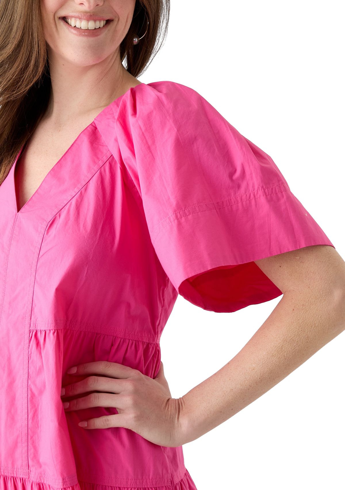 Womens Short Sleeve Pleat Shoulder Solid Dress