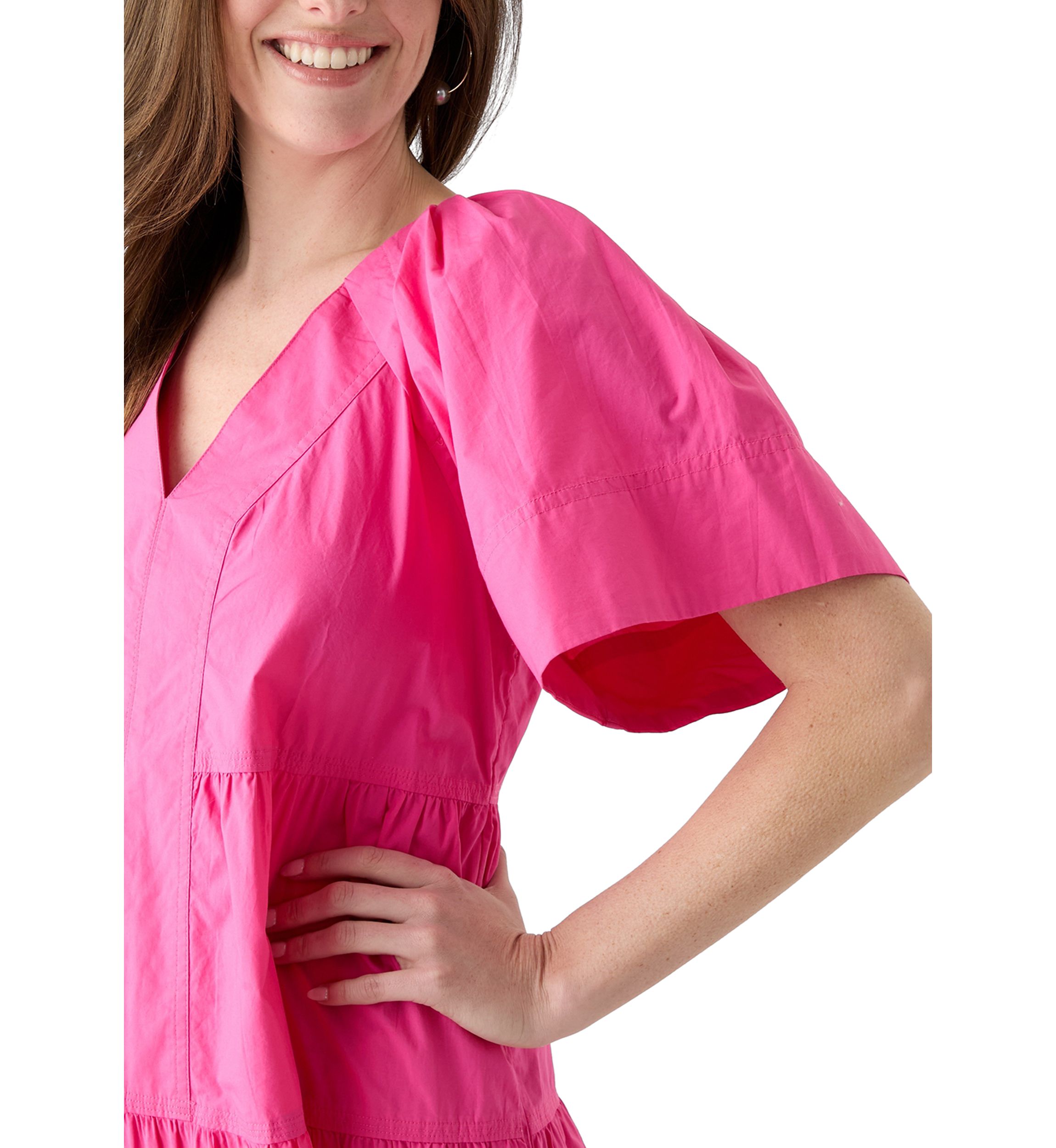 Womens Short Sleeve Pleat Shoulder Solid Dress