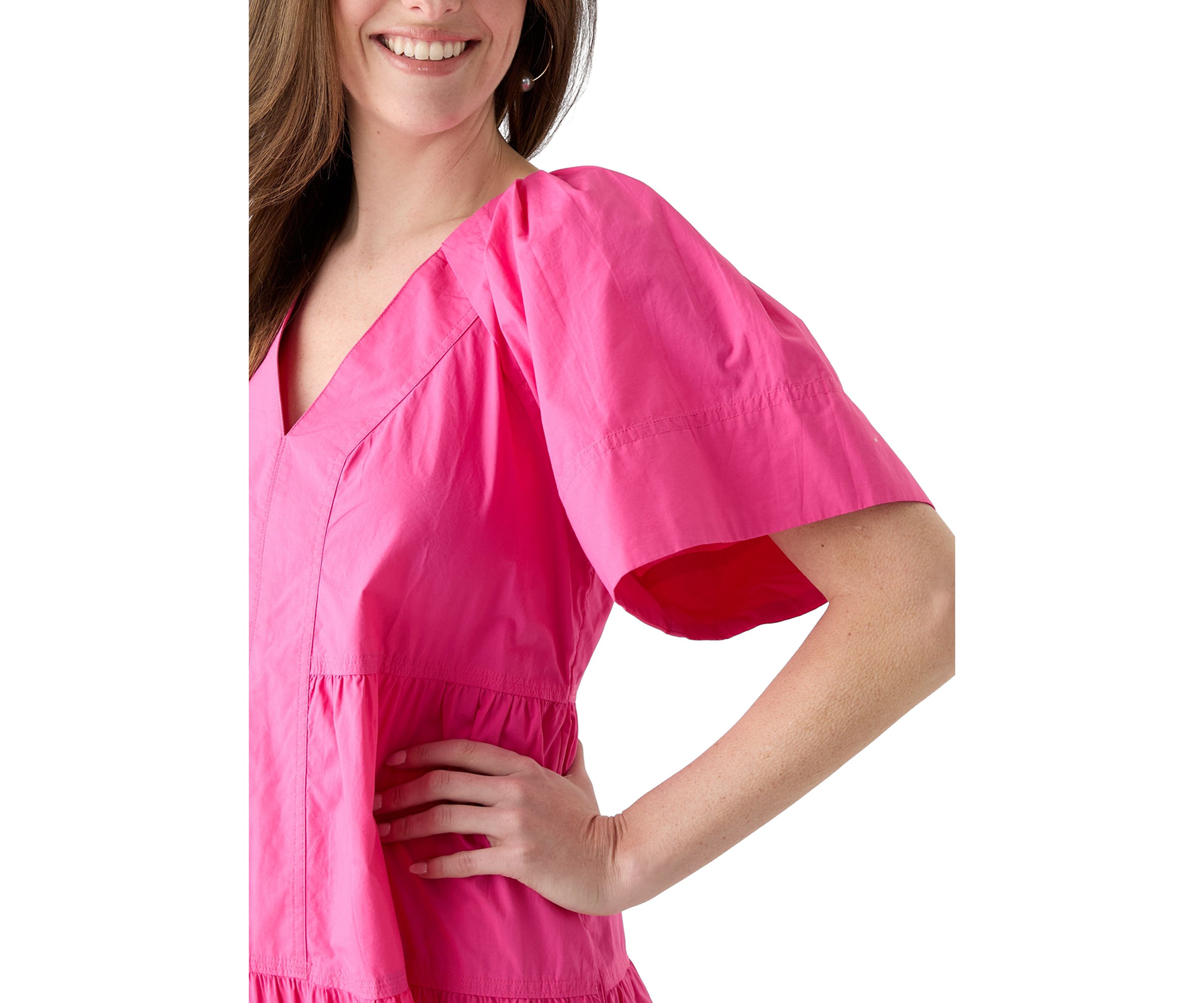 Womens Short Sleeve Pleat Shoulder Solid Dress