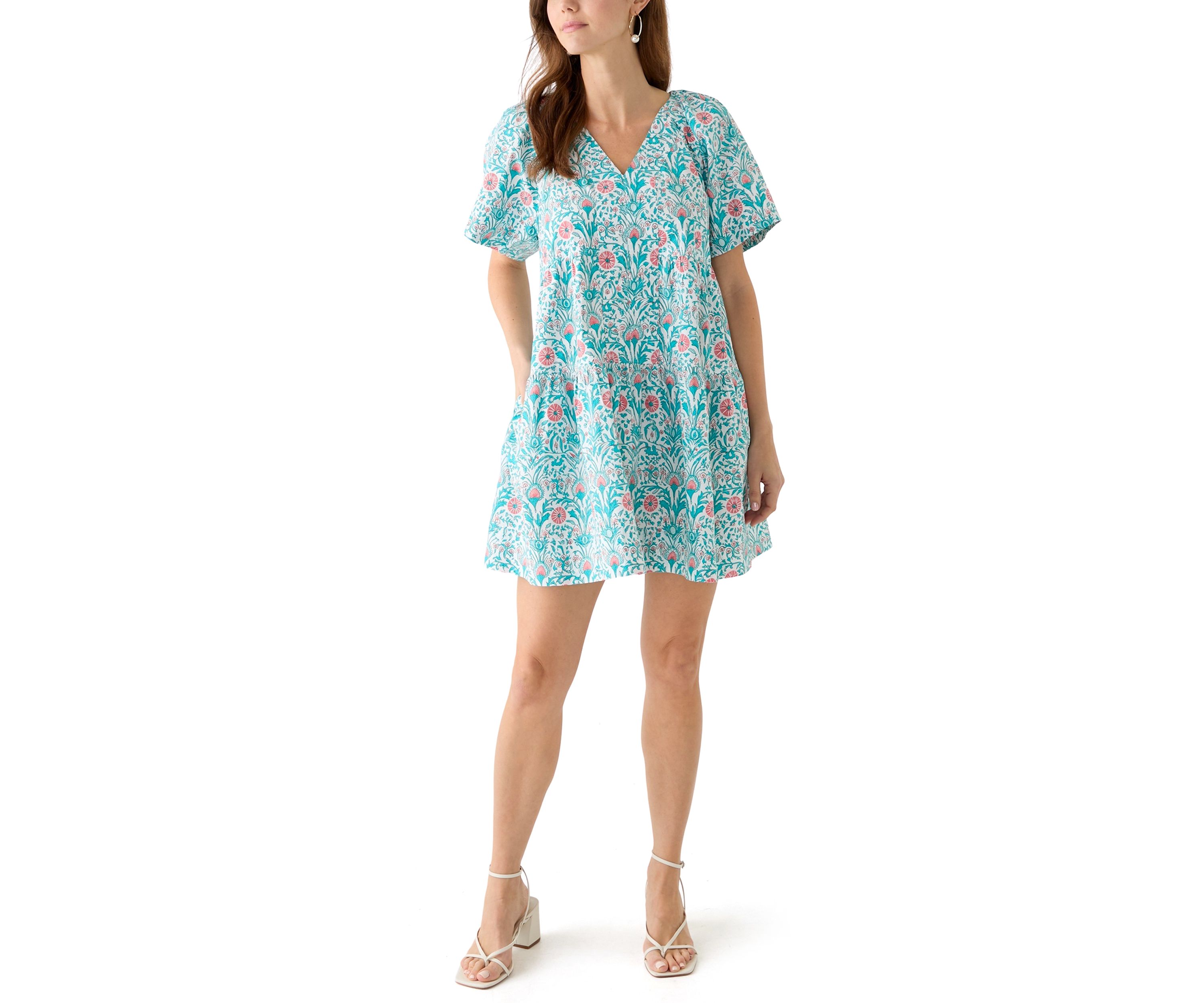 Womens Printed Pleated Shoulder Dress