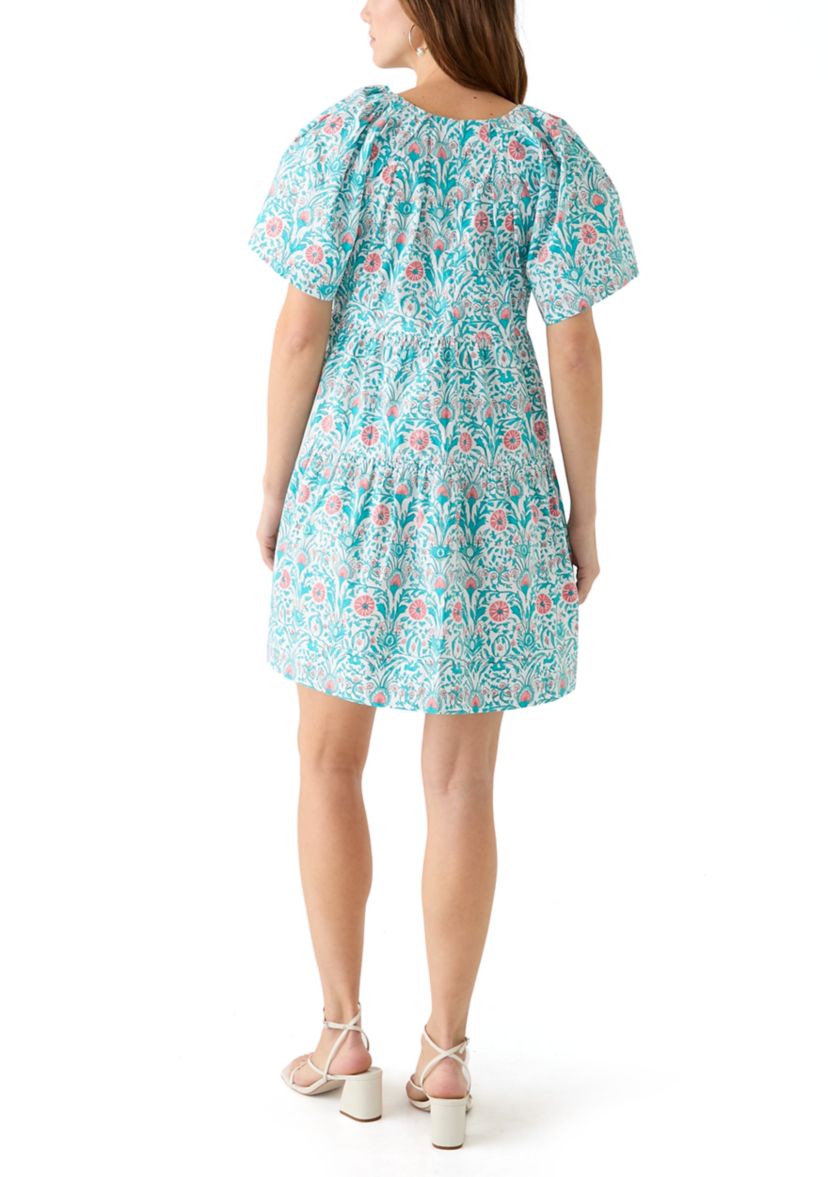 Womens Printed Pleated Shoulder Dress