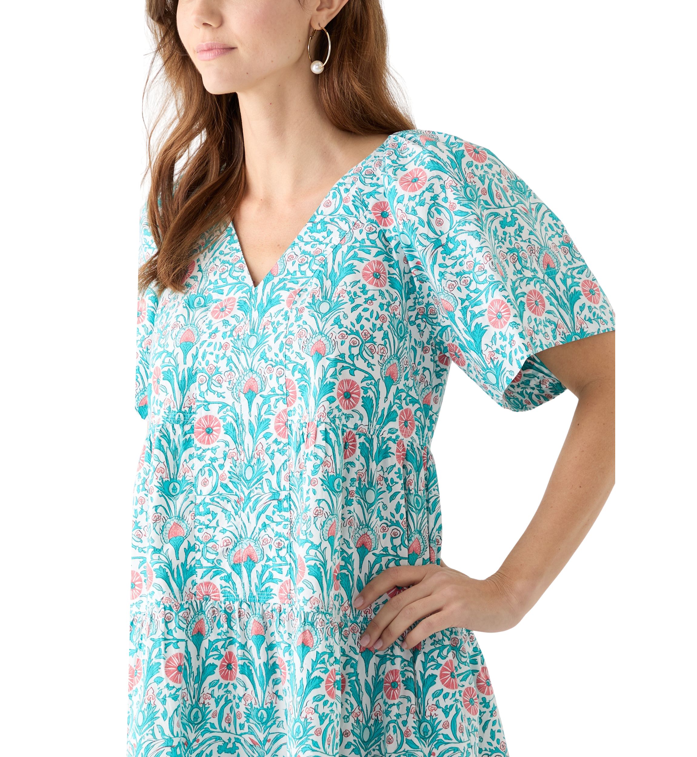 Womens Printed Pleated Shoulder Dress