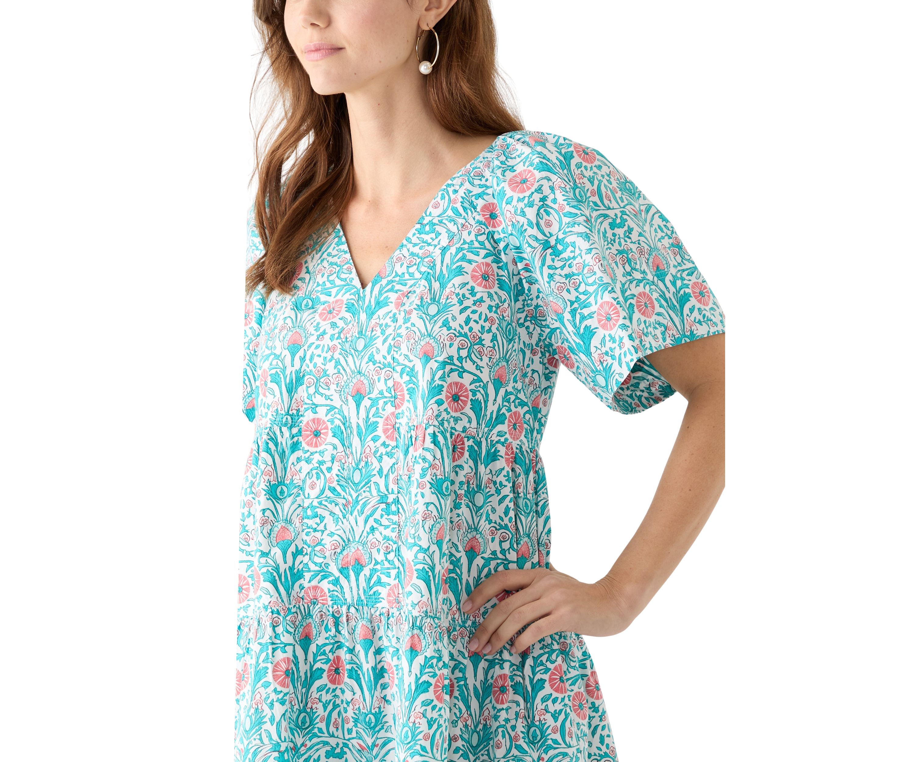 Womens Printed Pleated Shoulder Dress