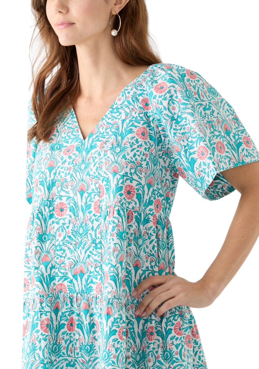 Womens Printed Pleated Shoulder Dress