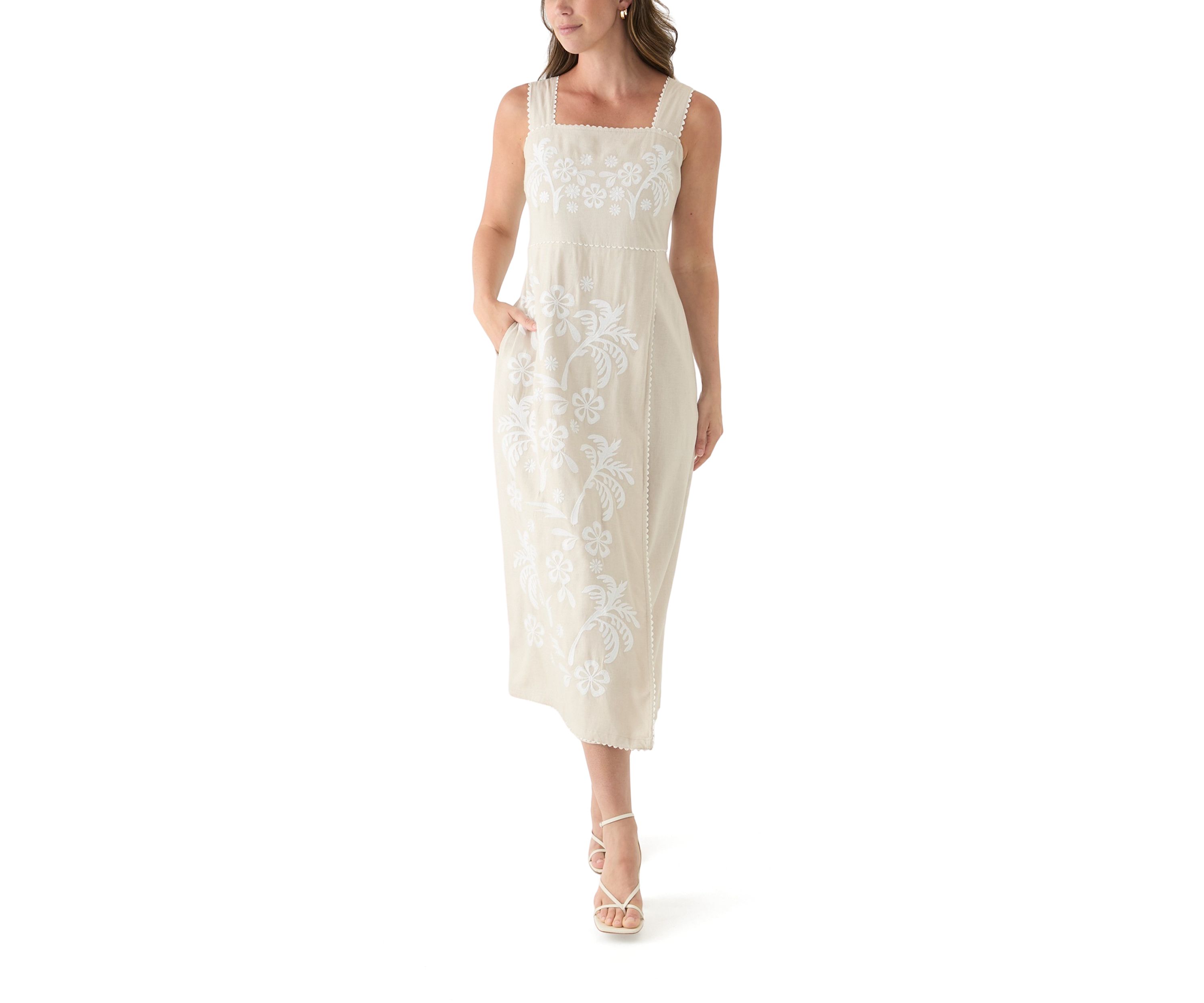 Womens Sleeveless Linen Tank Embroidered Dress