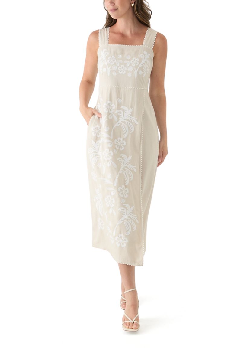 Womens Sleeveless Linen Tank Embroidered Dress