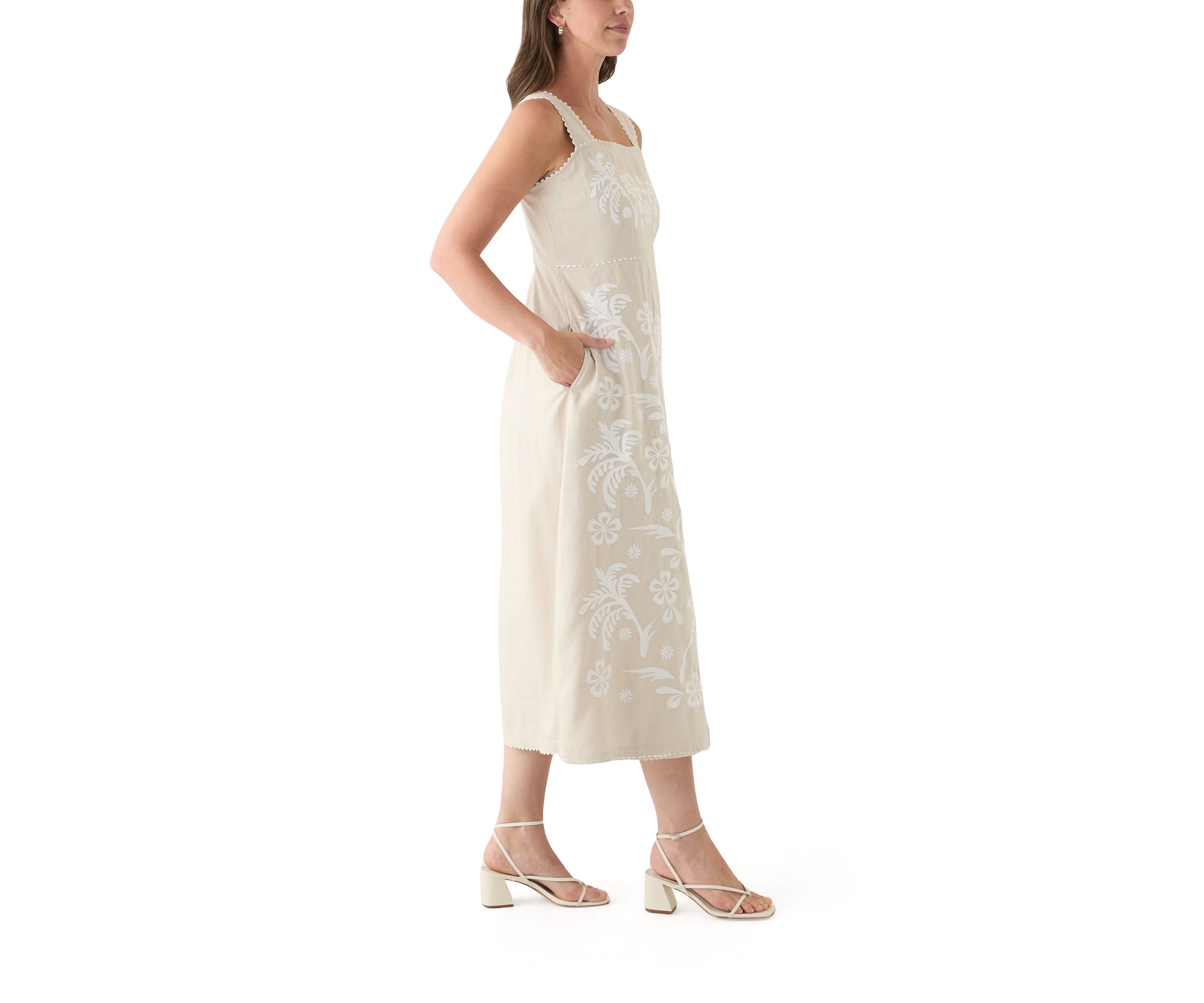 Womens Sleeveless Linen Tank Embroidered Dress