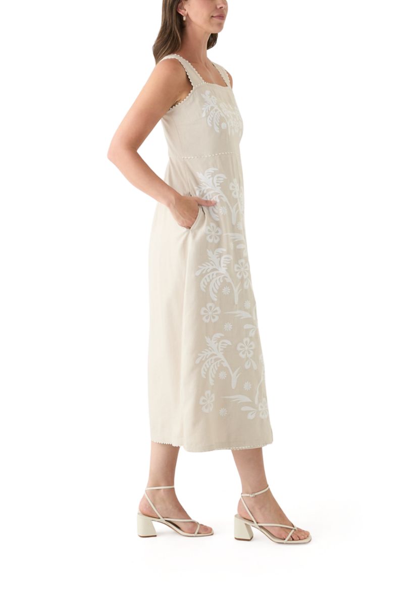 Womens Sleeveless Linen Tank Embroidered Dress