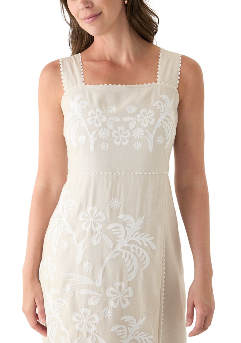 Womens Sleeveless Linen Tank Embroidered Dress