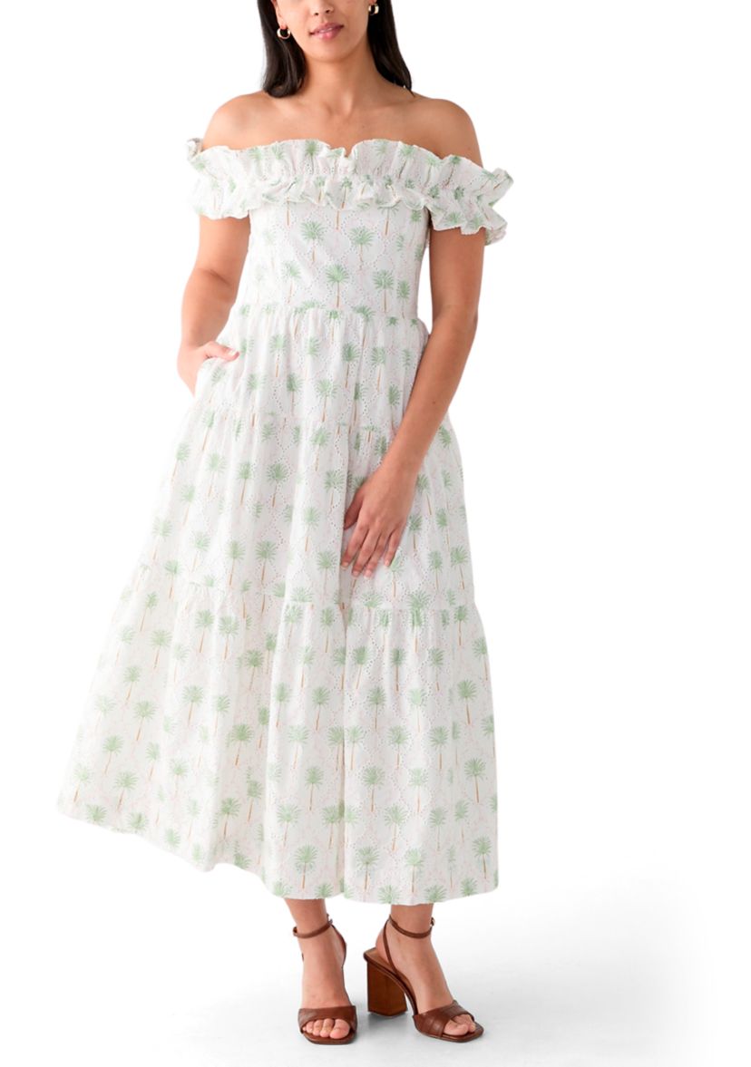 Womens Off the Shoulder Printed Midi Dress
