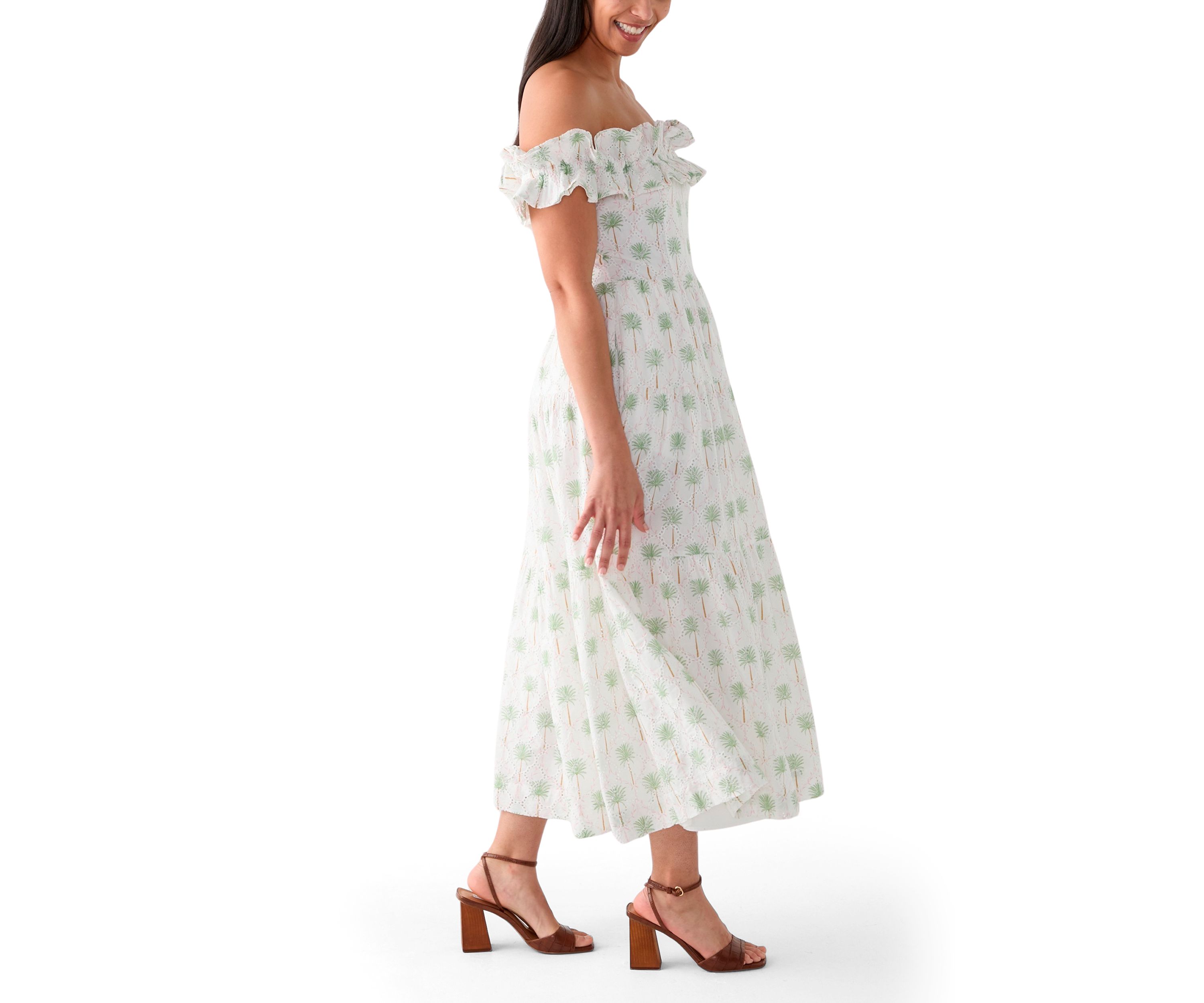 Womens Off the Shoulder Printed Midi Dress