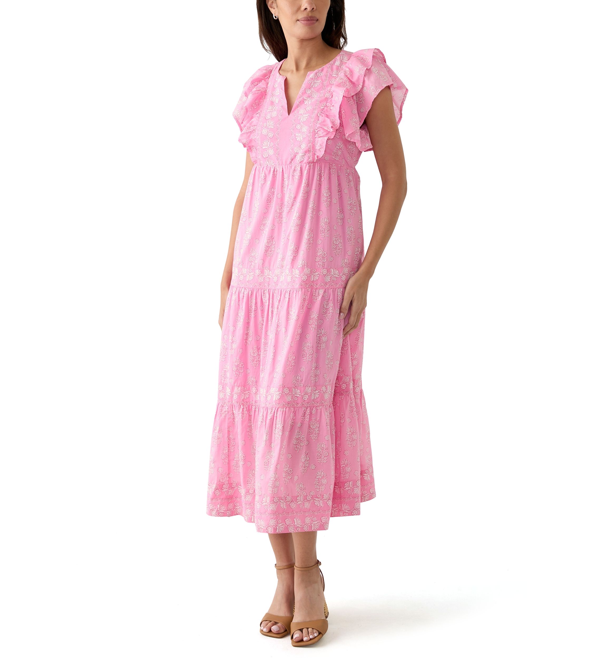 Womens Split Neck Printed Ruffle Dress