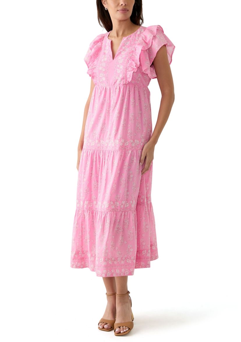 Womens Split Neck Printed Ruffle Dress