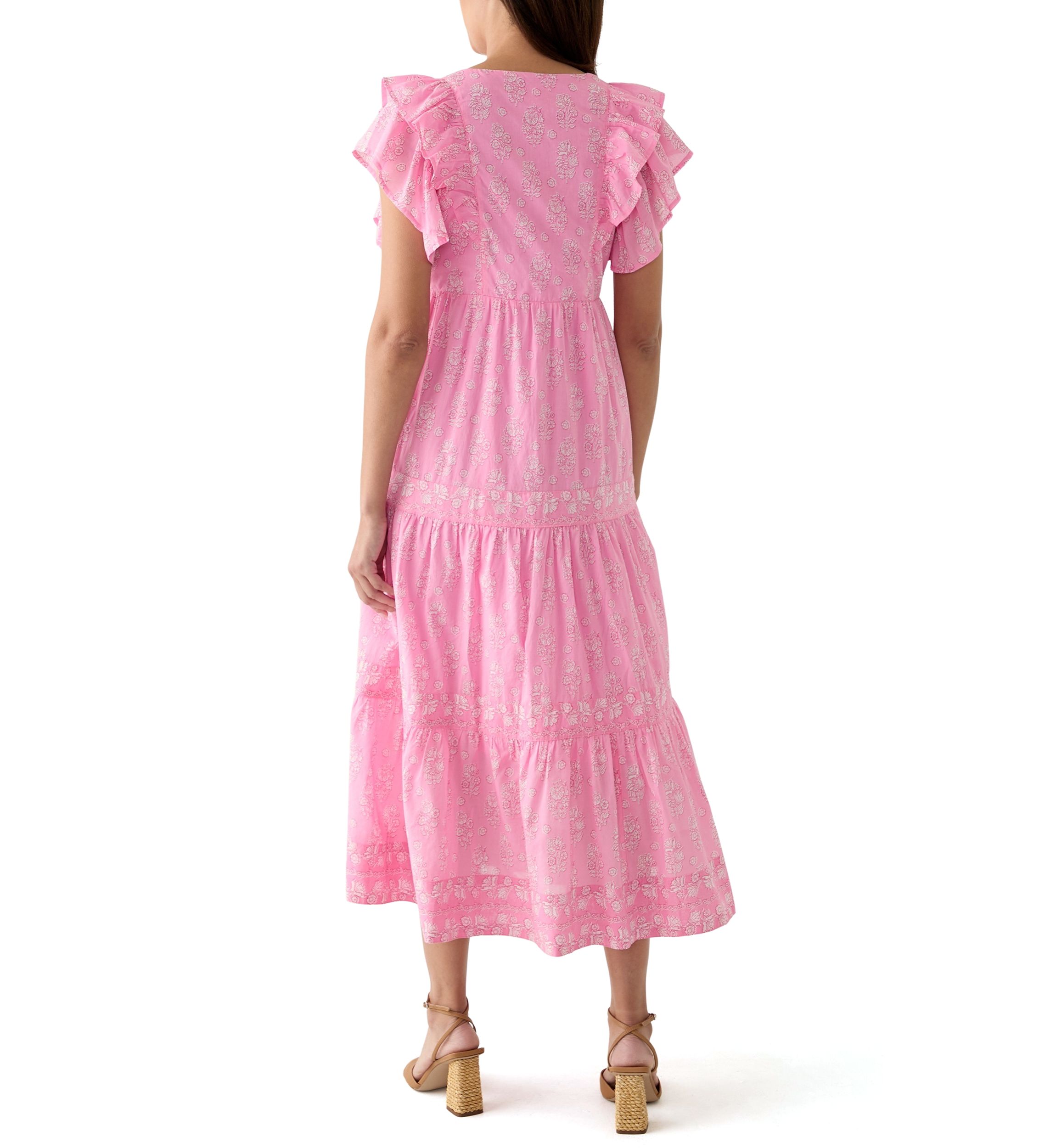 Womens Split Neck Printed Ruffle Dress