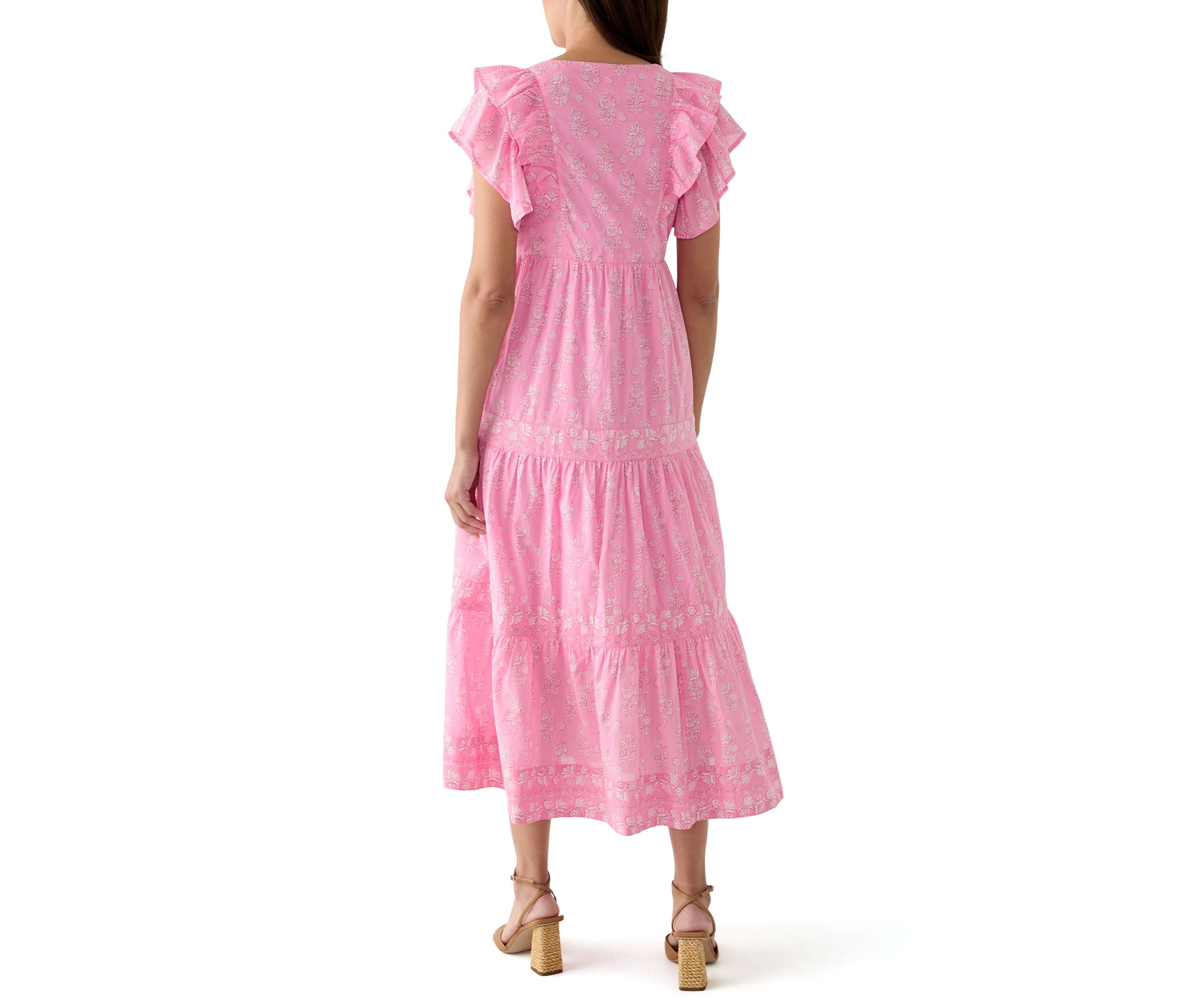 Womens Split Neck Printed Ruffle Dress