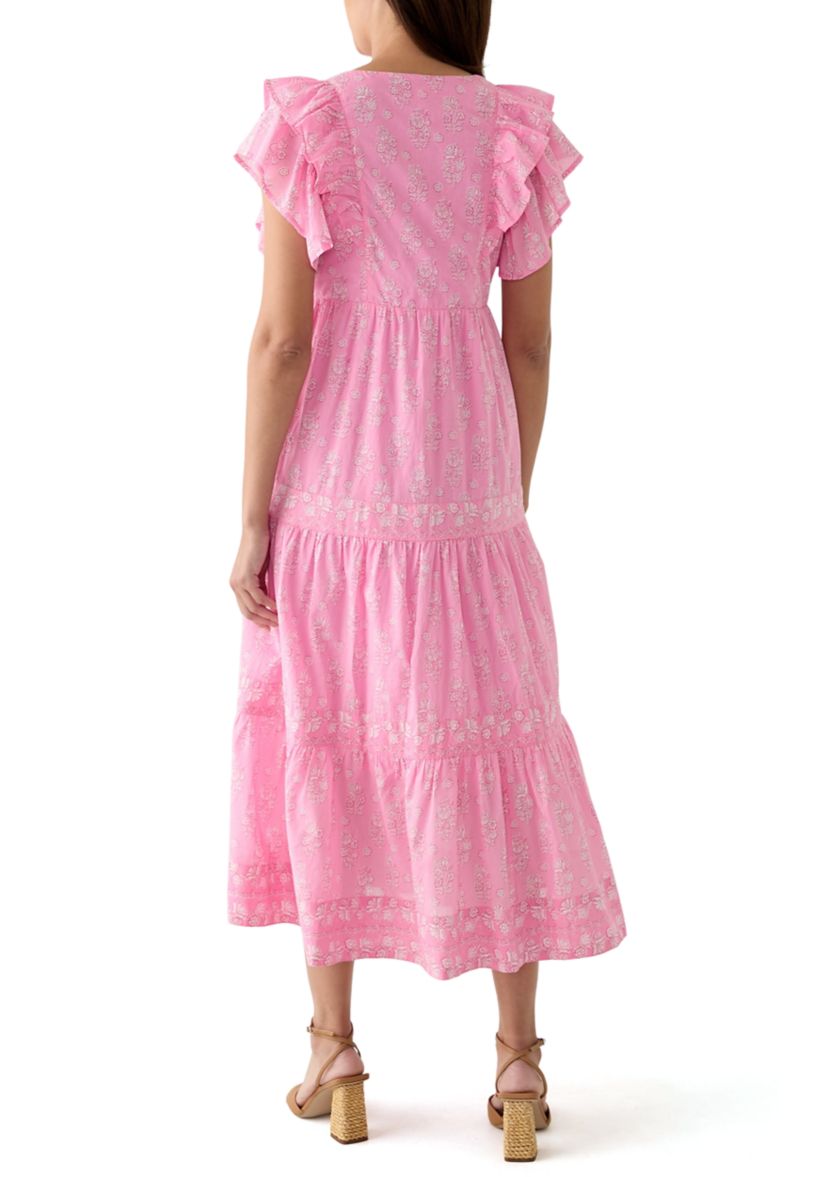 Womens Split Neck Printed Ruffle Dress