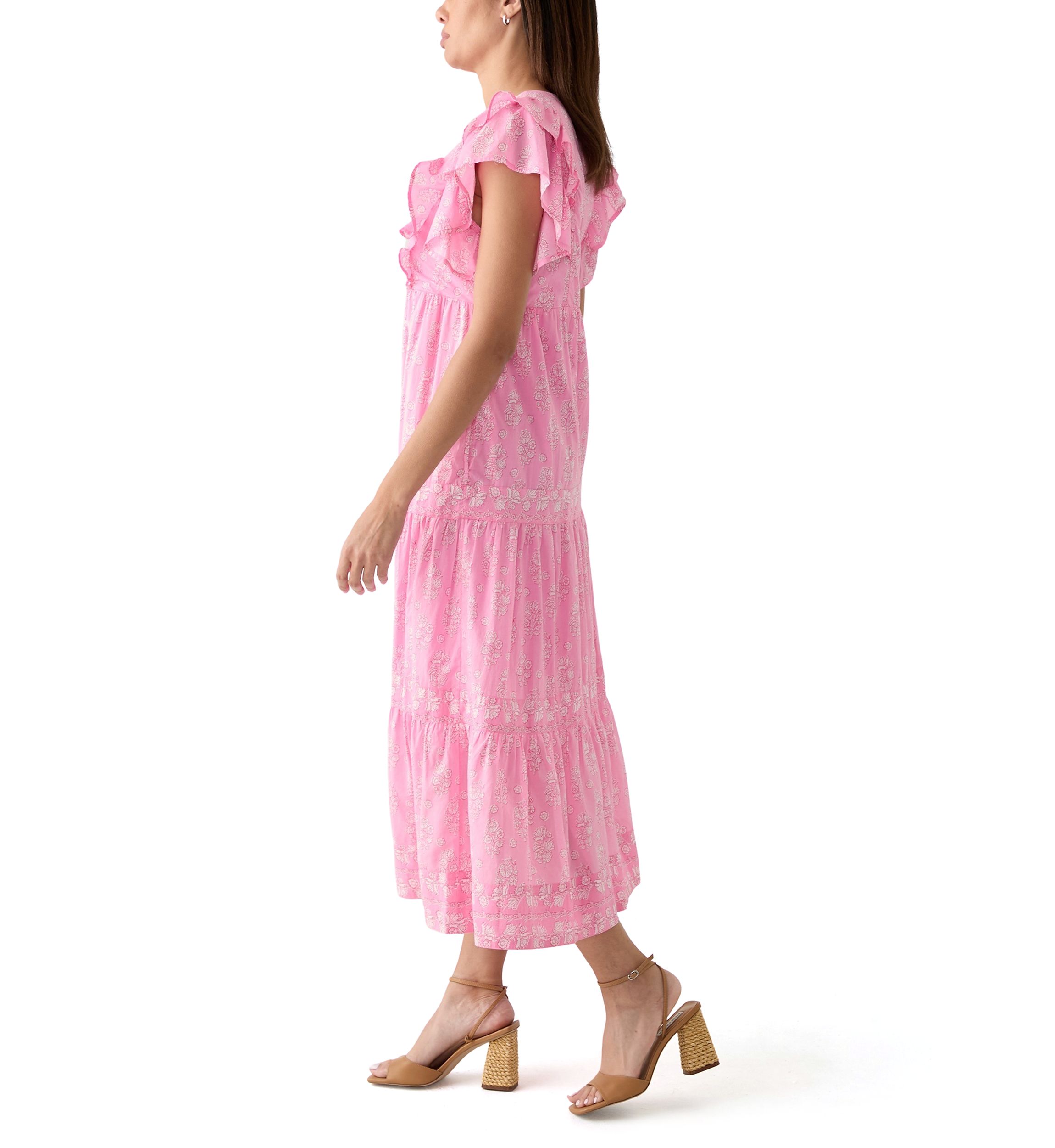 Womens Split Neck Printed Ruffle Dress