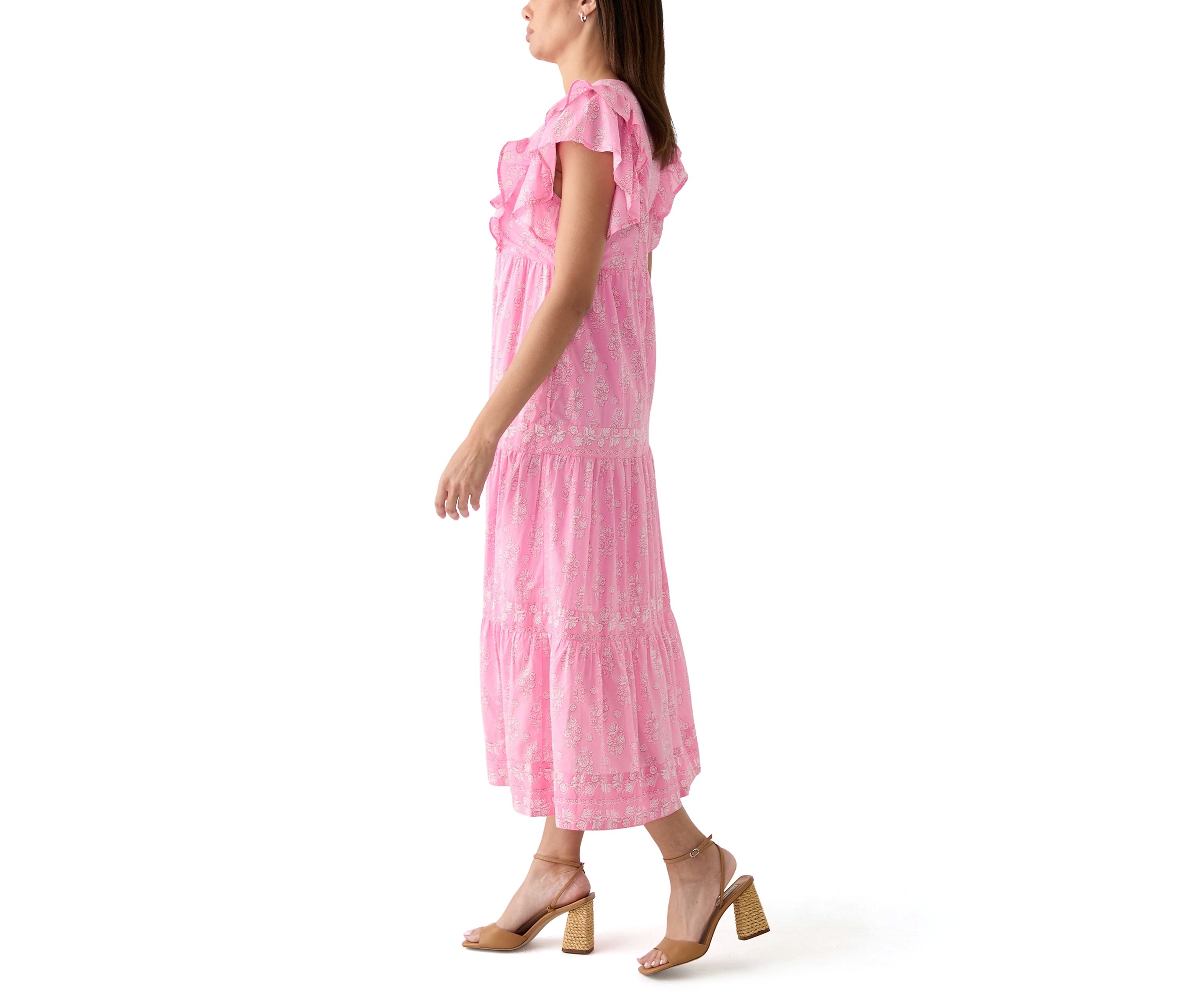 Womens Split Neck Printed Ruffle Dress