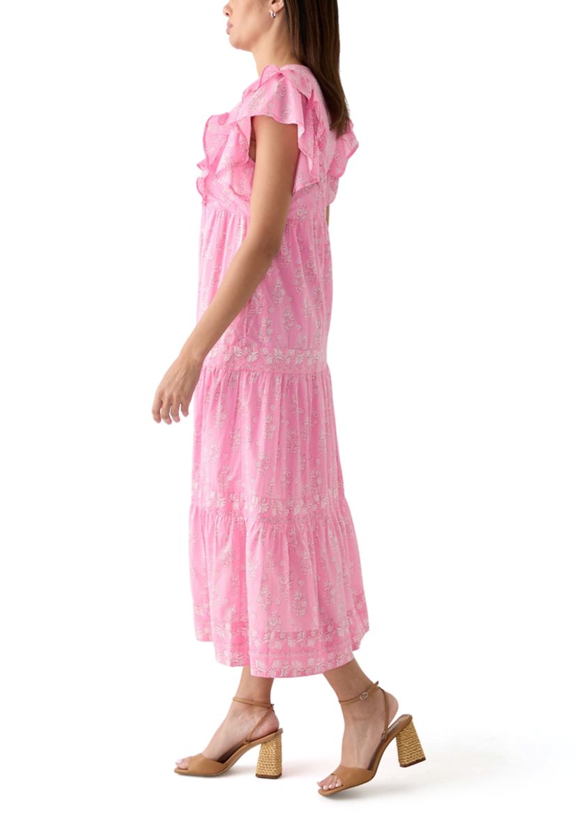 Womens Split Neck Printed Ruffle Dress