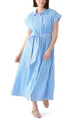 Women's Short Sleeve Gingham Belted Midi Dress 