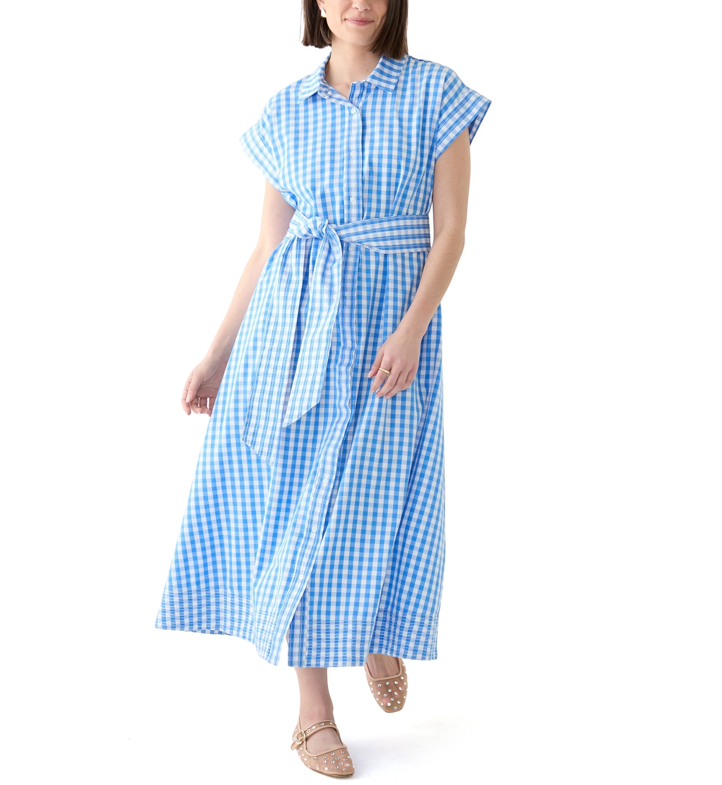 Womens Short Sleeve Gingham Belted Midi Dress 