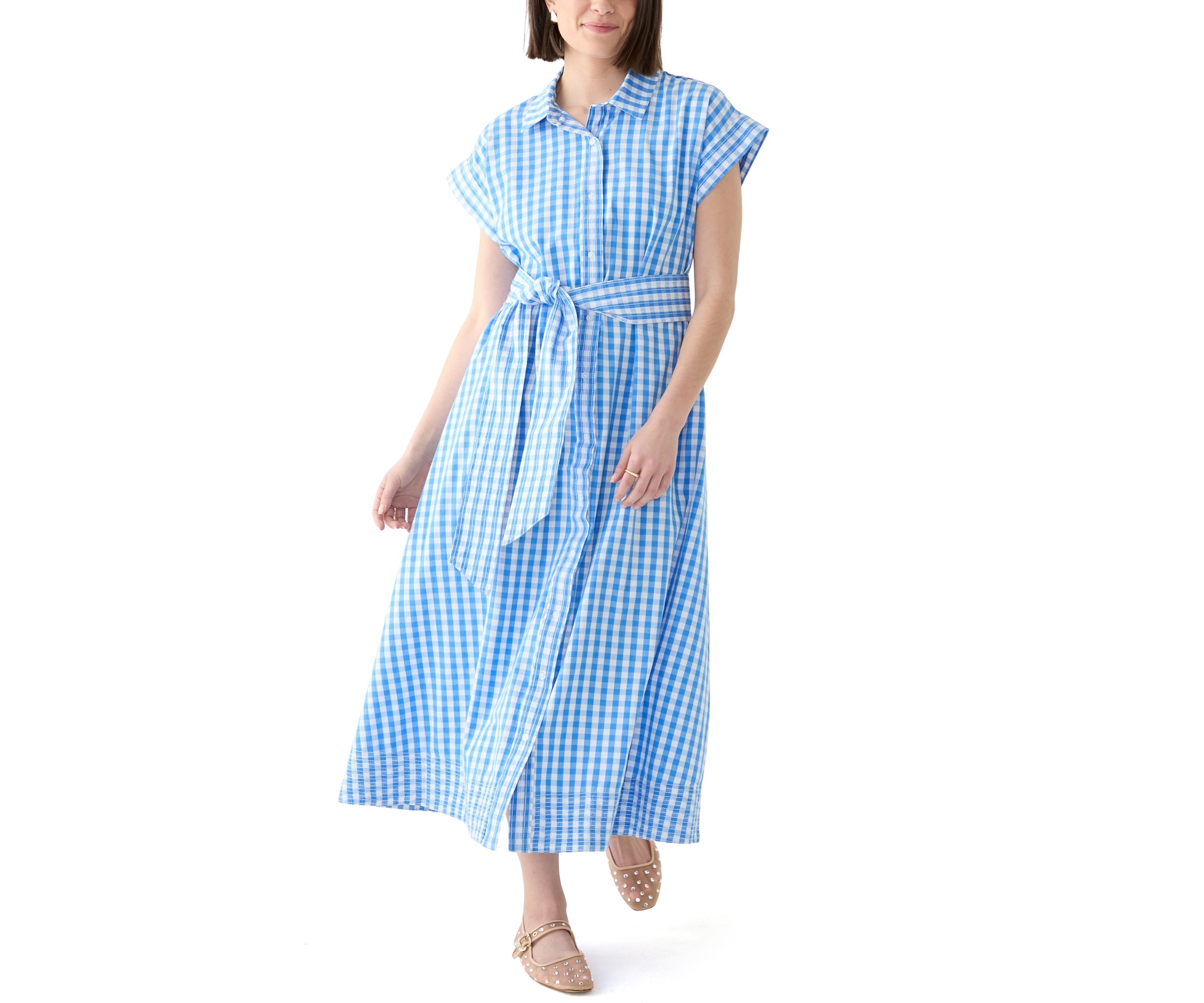 Womens Short Sleeve Gingham Belted Midi Dress 