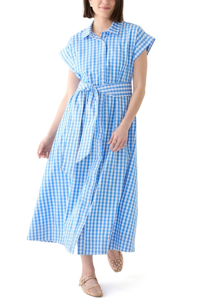 Womens Short Sleeve Gingham Belted Midi Dress 