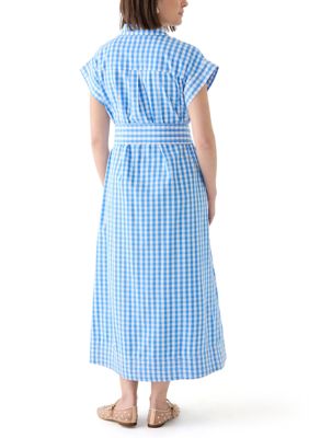 Women's Short Sleeve Gingham Belted Midi Dress 