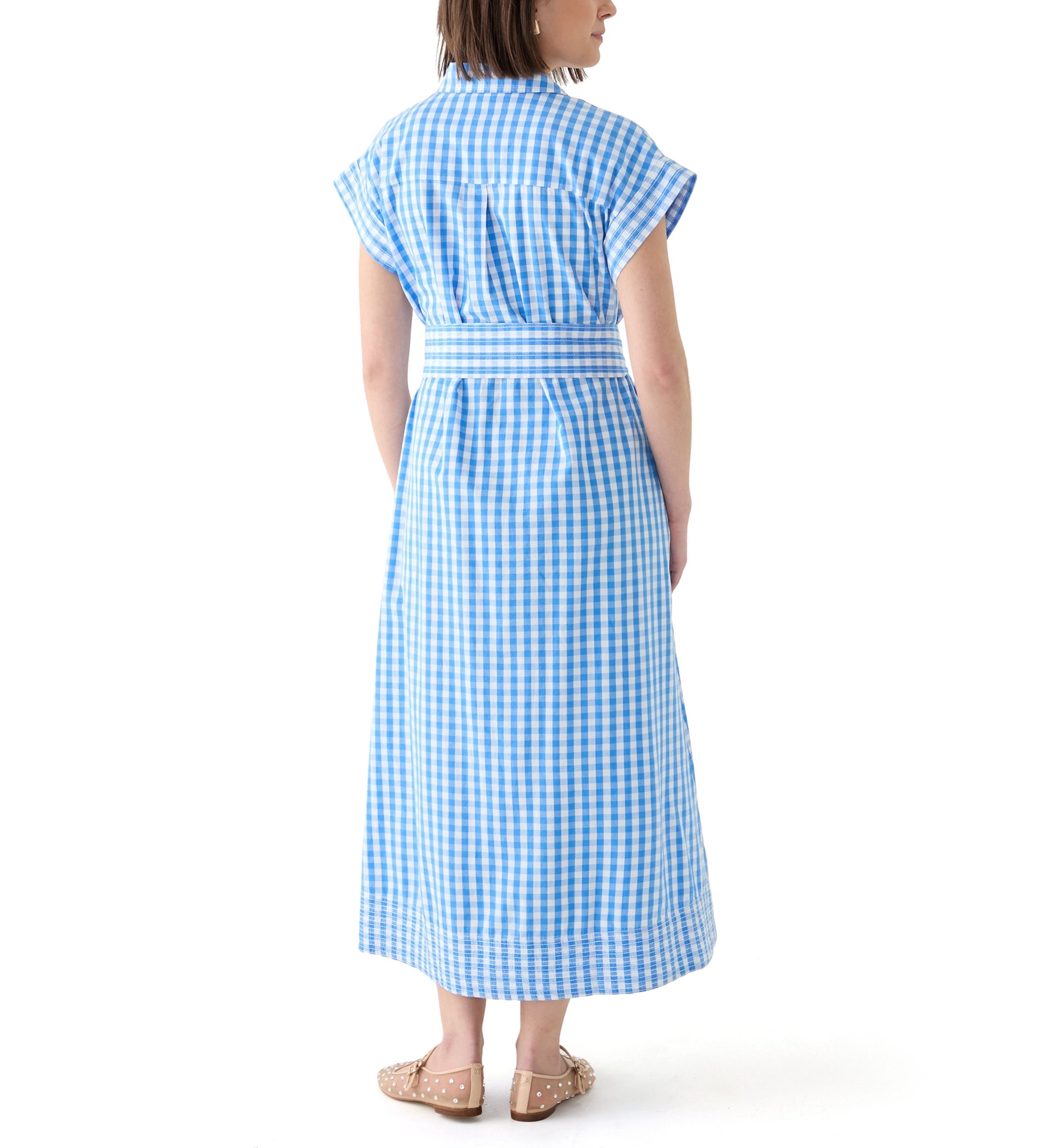 Womens Short Sleeve Gingham Belted Midi Dress 