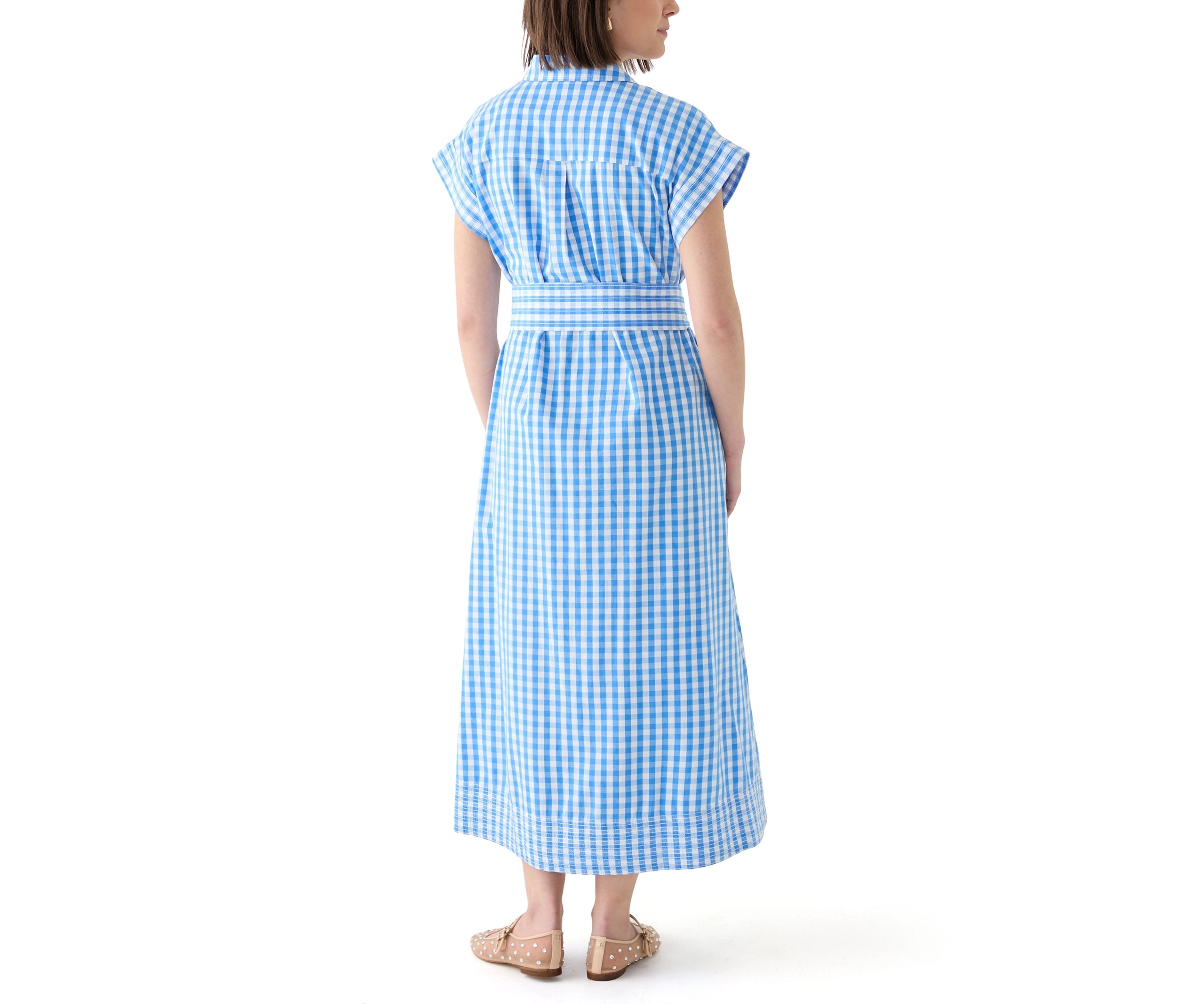 Womens Short Sleeve Gingham Belted Midi Dress 