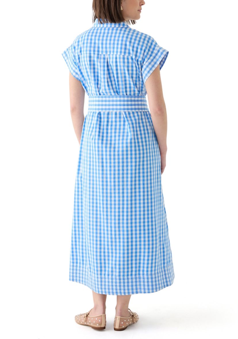 Womens Short Sleeve Gingham Belted Midi Dress 