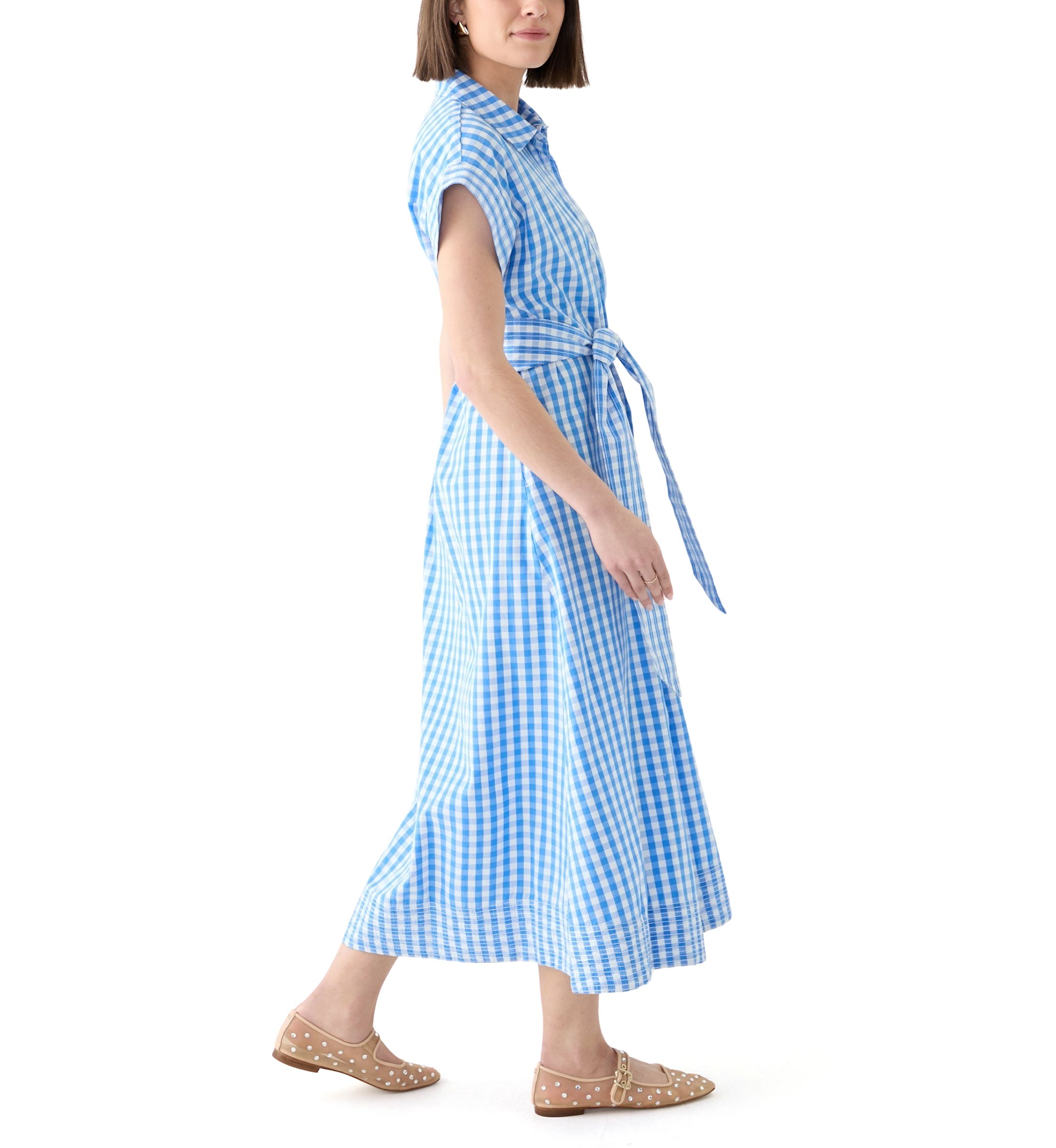 Womens Short Sleeve Gingham Belted Midi Dress 