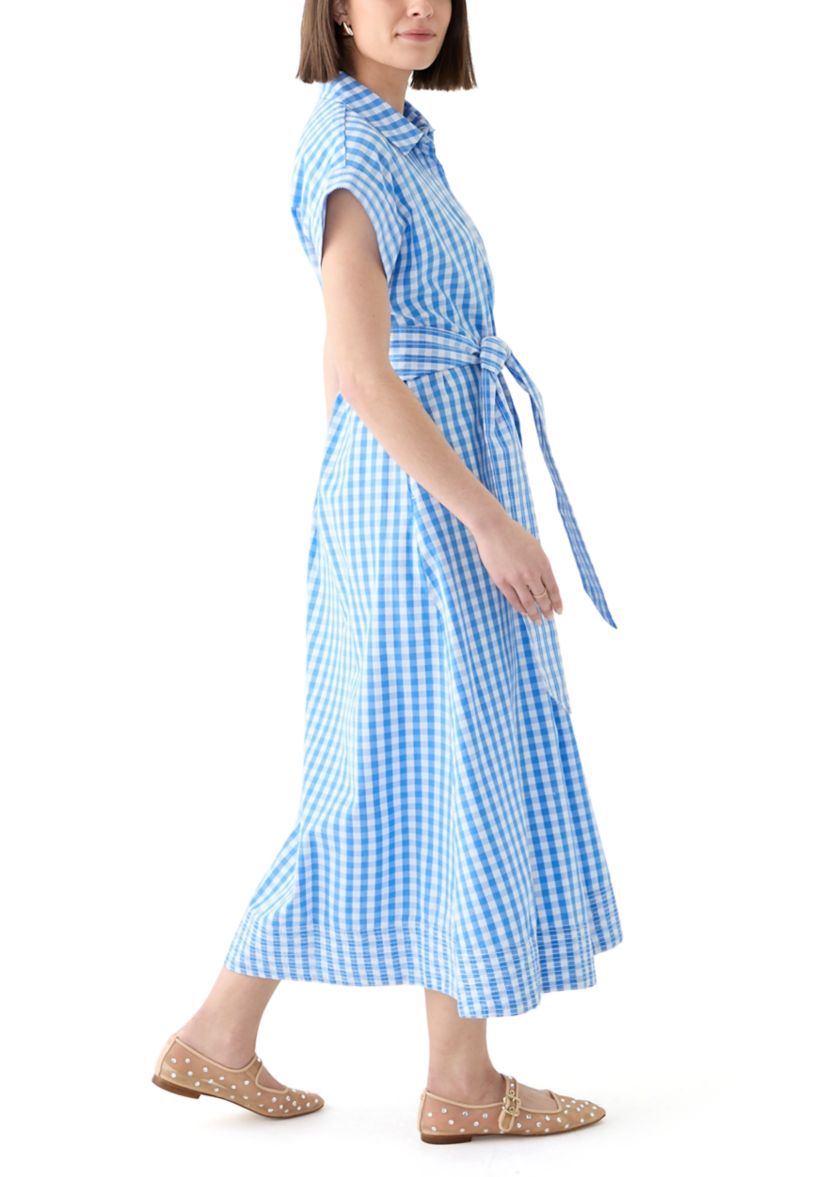 Womens Short Sleeve Gingham Belted Midi Dress 