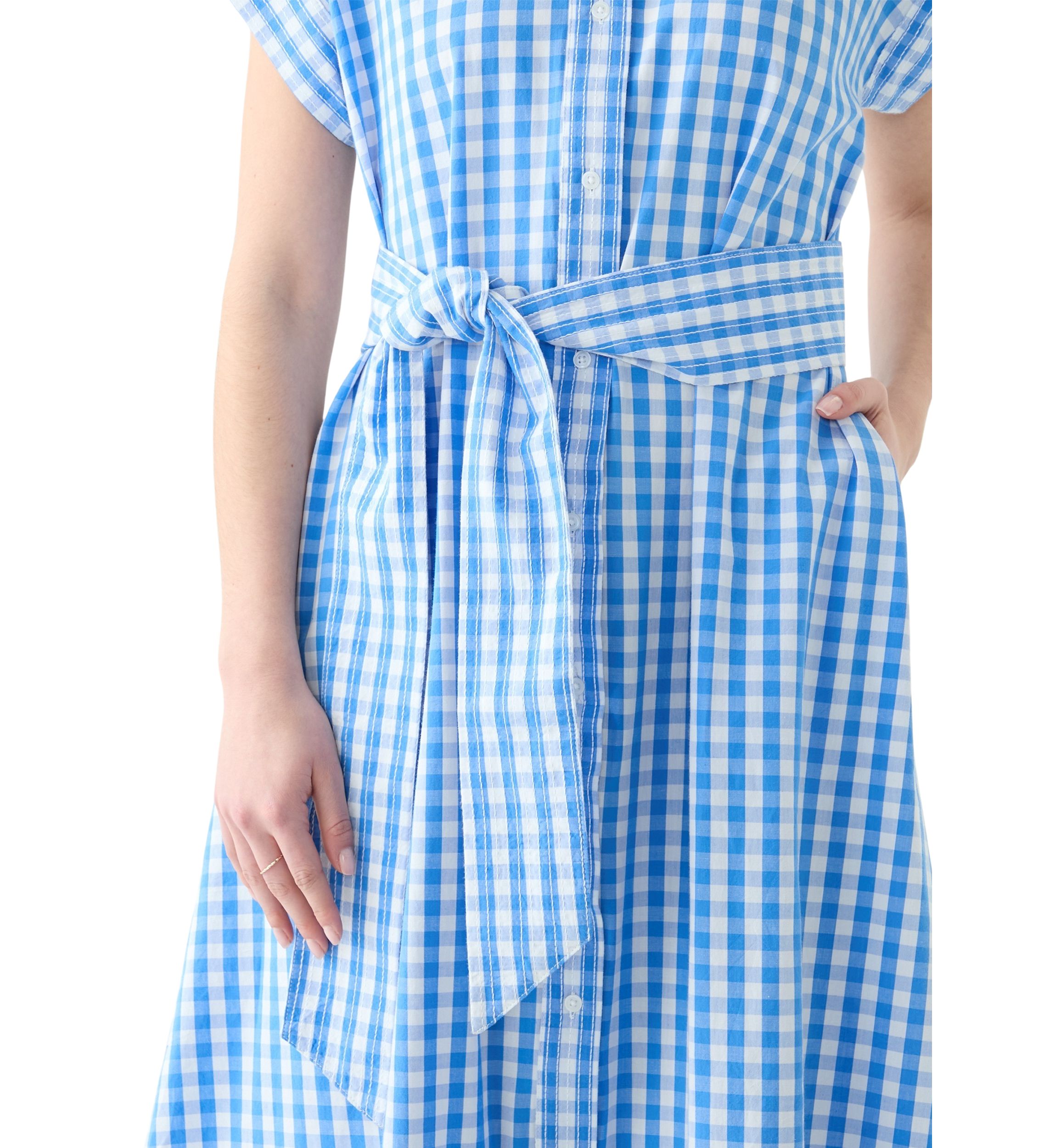 Womens Short Sleeve Gingham Belted Midi Dress 