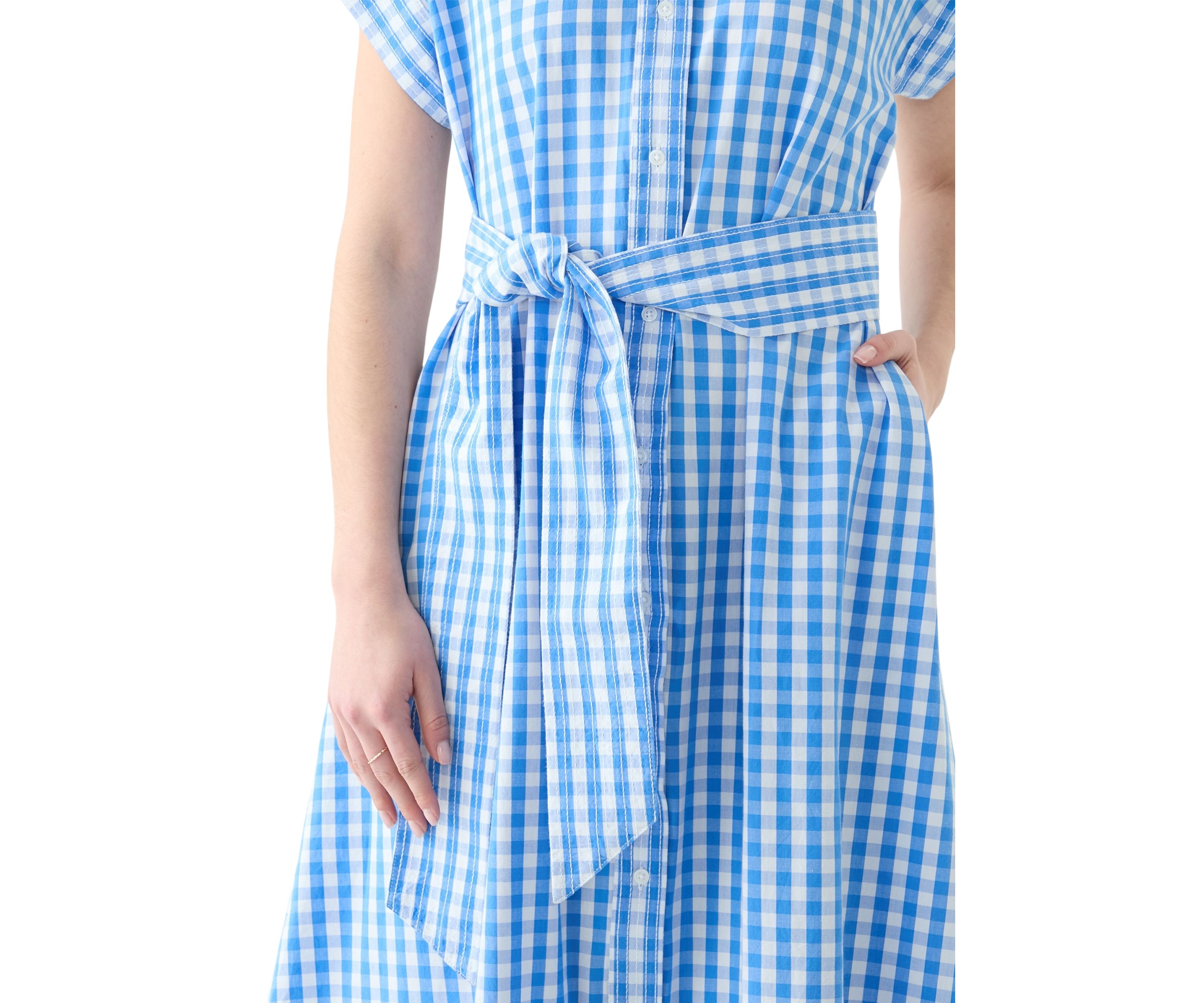 Womens Short Sleeve Gingham Belted Midi Dress 
