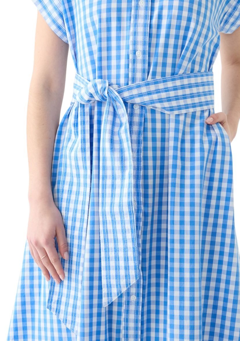 Womens Short Sleeve Gingham Belted Midi Dress 