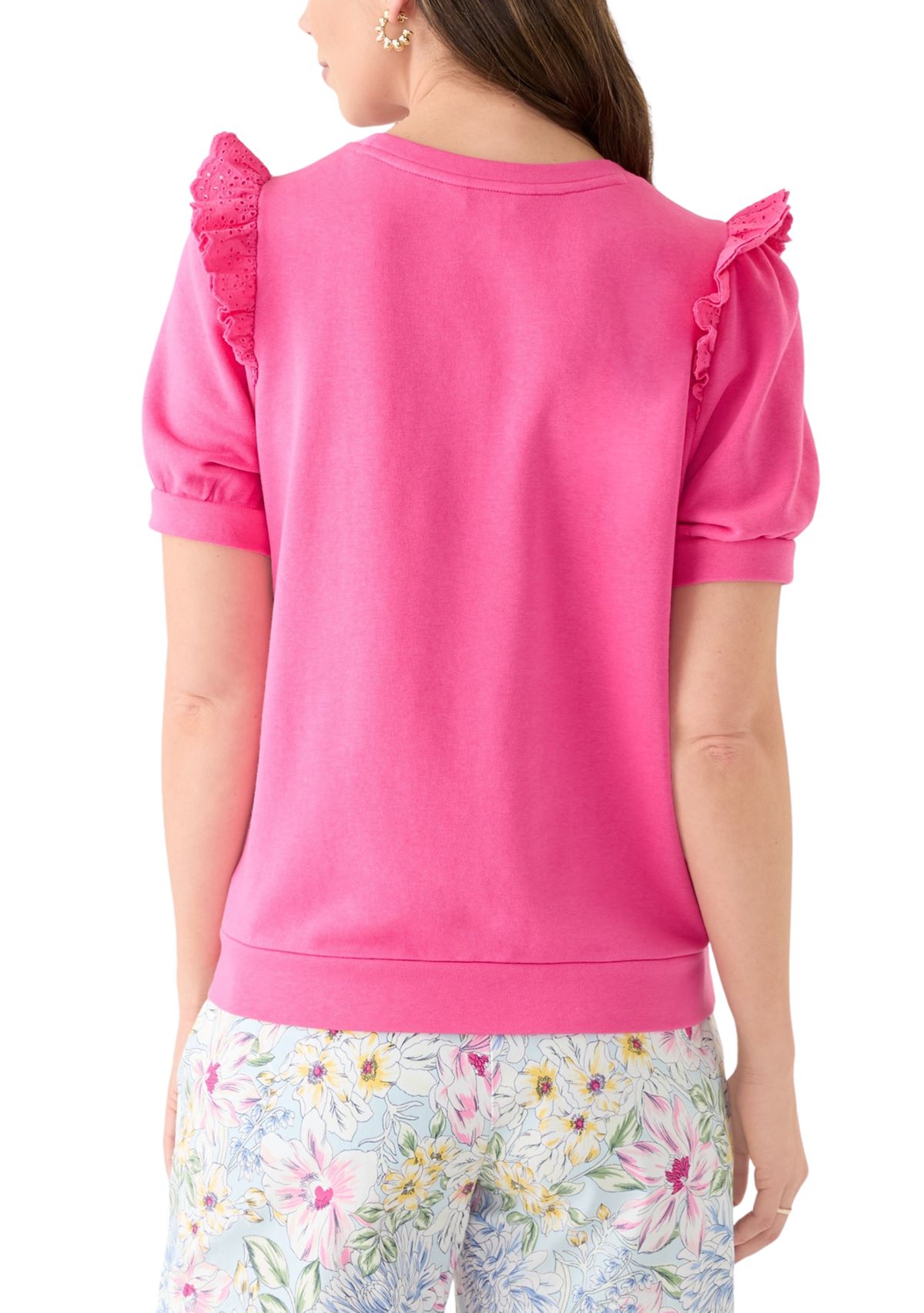 Womens Short Sleeve Eyelet Ruffle Sweatshirt 