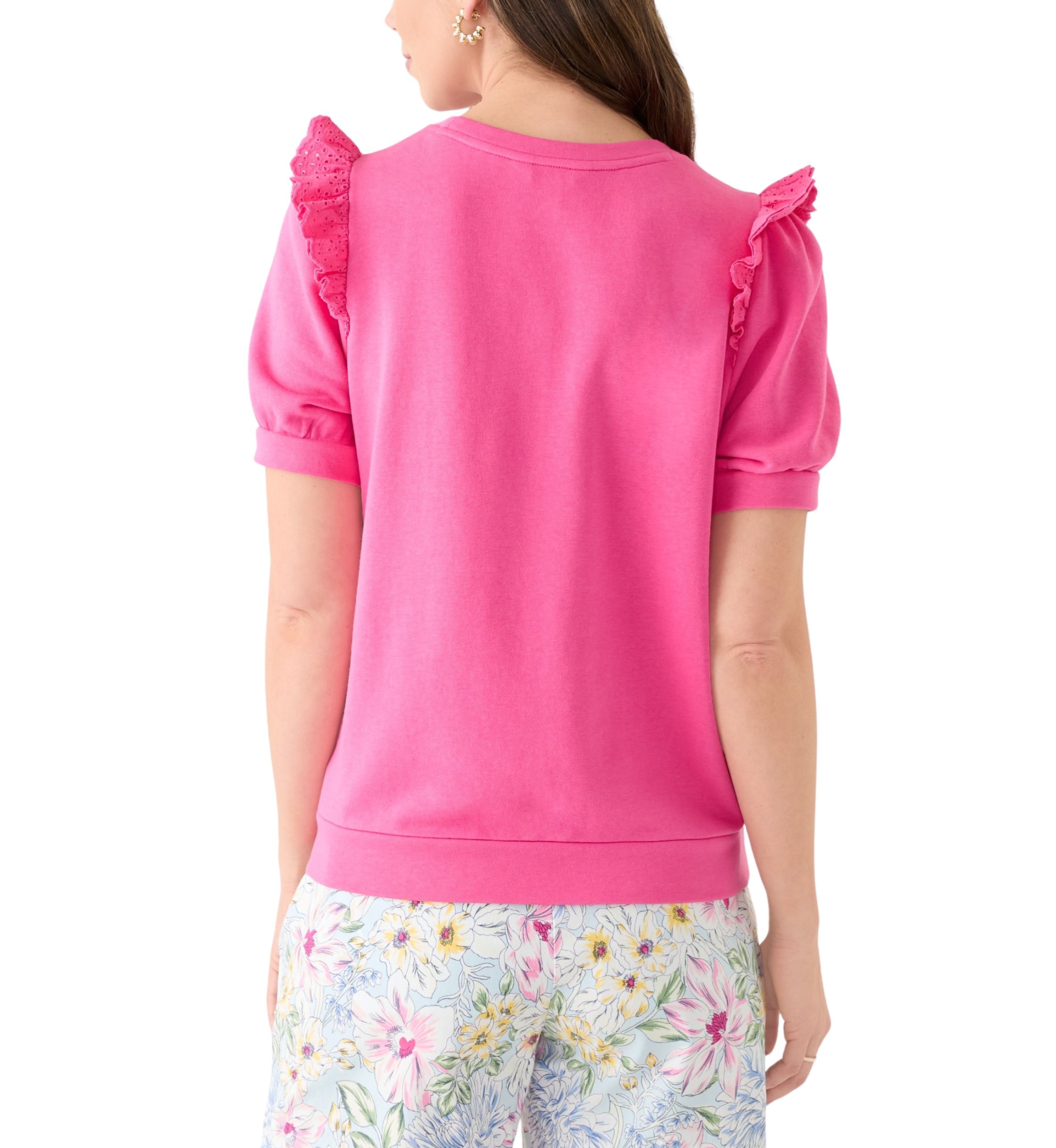 Womens Short Sleeve Eyelet Ruffle Sweatshirt 
