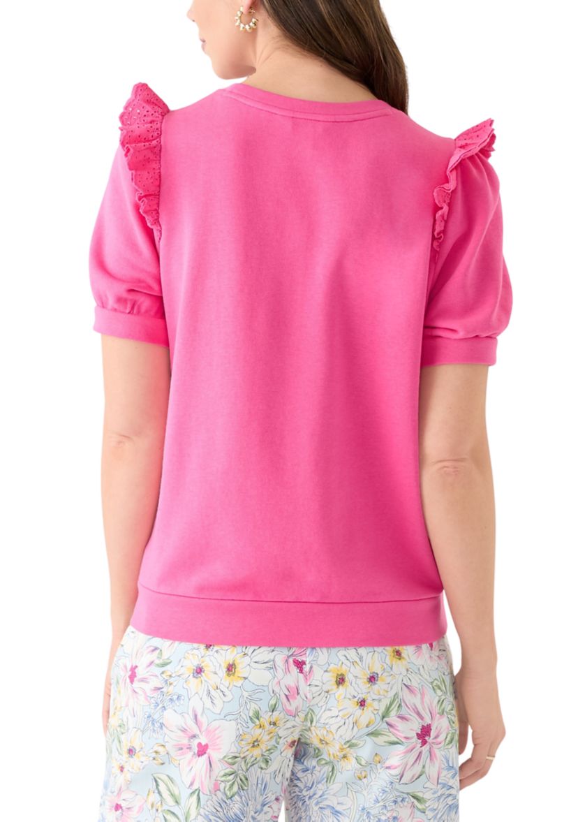 Womens Short Sleeve Eyelet Ruffle Sweatshirt 
