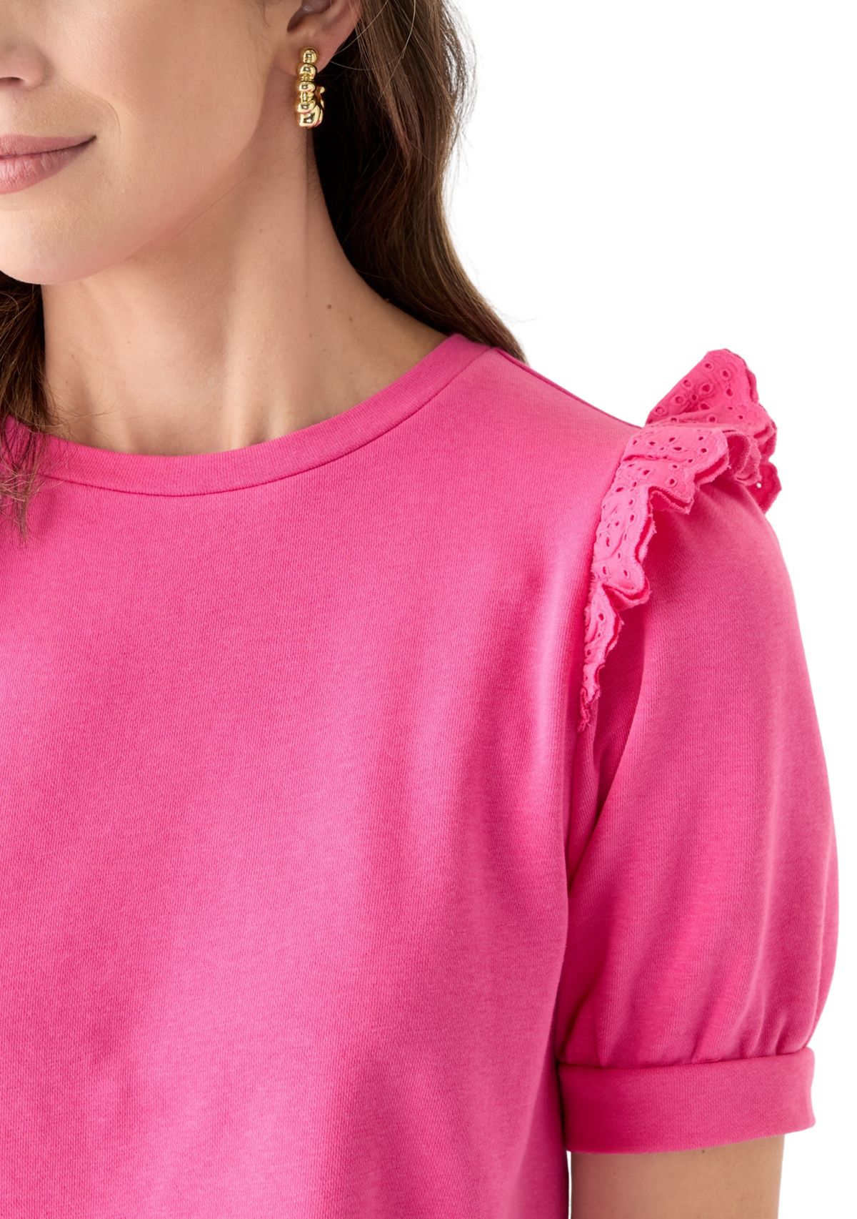 Womens Short Sleeve Eyelet Ruffle Sweatshirt 